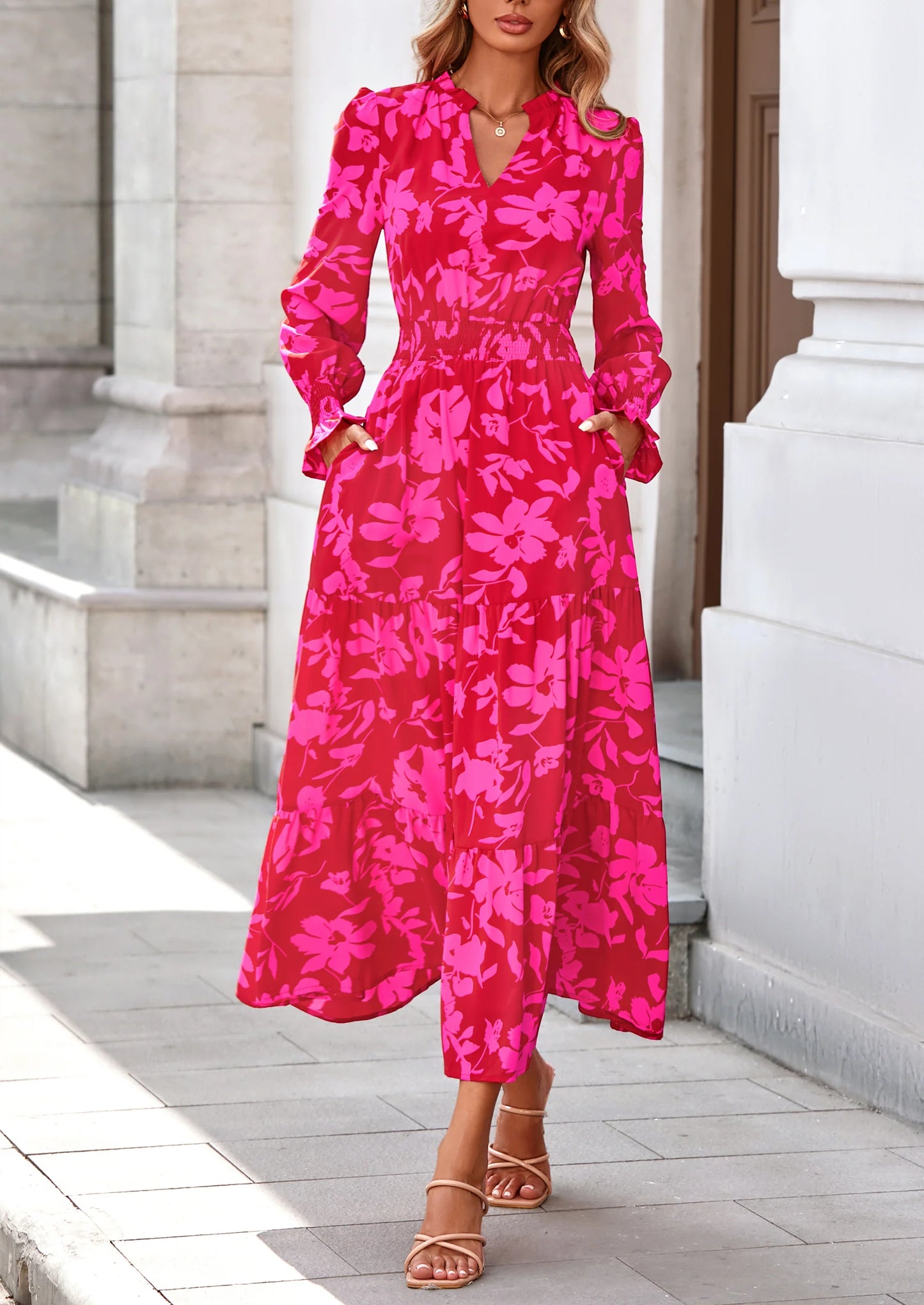 Women's Floral Maxi Dress Spring Long Sleeve V Neck Casual A Line Long Flowy Boho Party Dresses