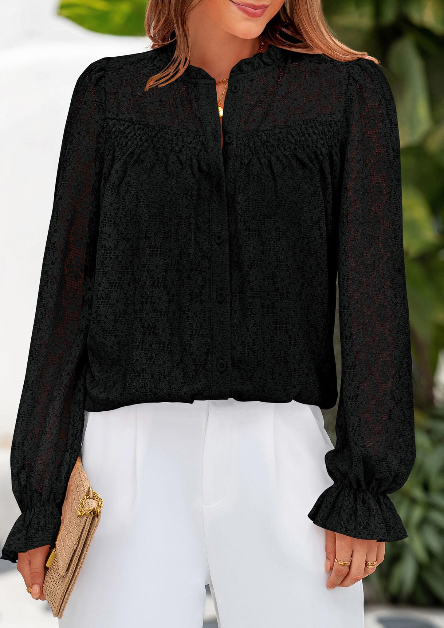 Lace Long Sleeve Tops for Women Eyelet Blouses Dressy Casual Hollow Out Button Down Shirts Summer Outfits