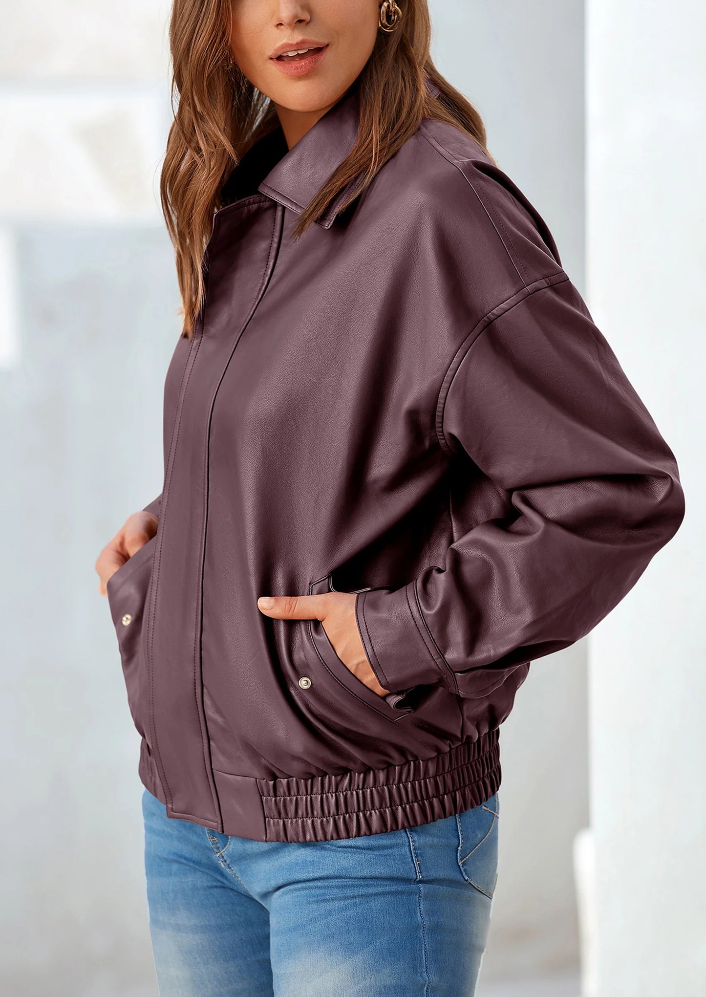 Women's Faux Leather Motorcycle Jacket Trendy Fall Spring Clothes Oversized Zip Up Winter Coat Outerwear
