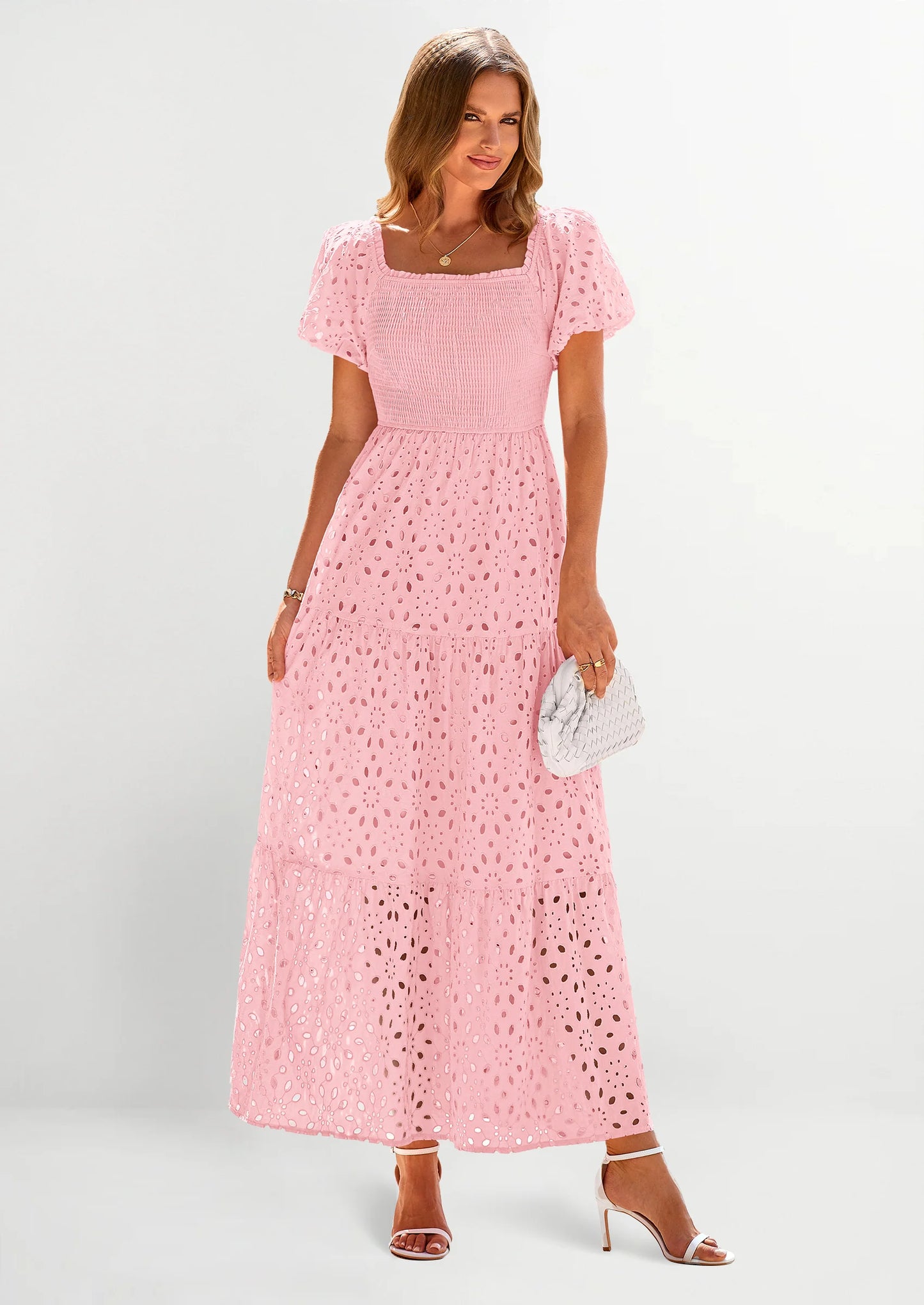 Dresses for Women Eyelet Square Neck Puff Sleeve Smocked Wedding Guest Maxi Dress with Pockets