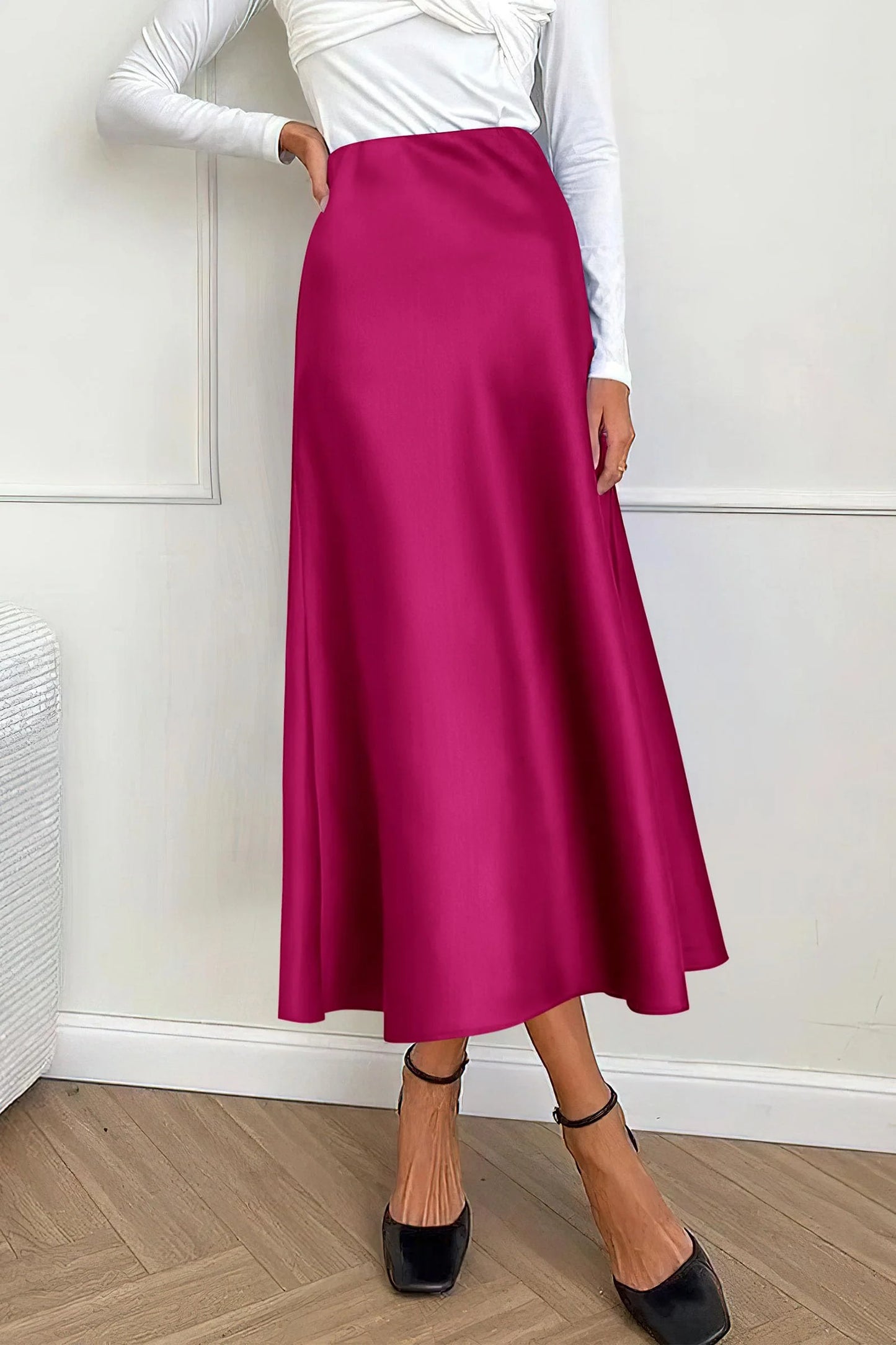 Women's Satin Skirts Dressy Casual Fall High Waisted Cocktail Wedding Flowy Elegant A Line Midi Skirt