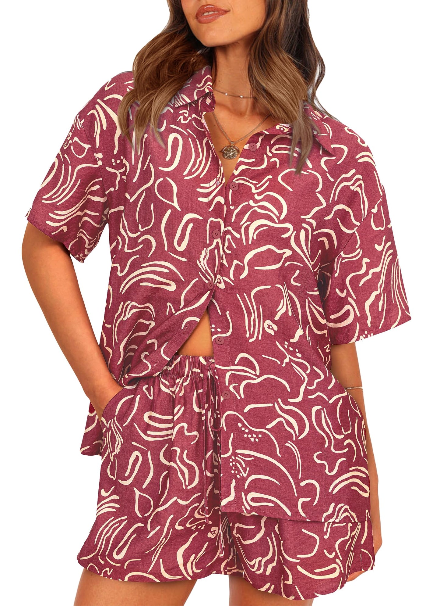 Women Summer 2 Piece Sets Printed Short Sleeve Tops Lounge Shorts Beach Vacation Outfits
