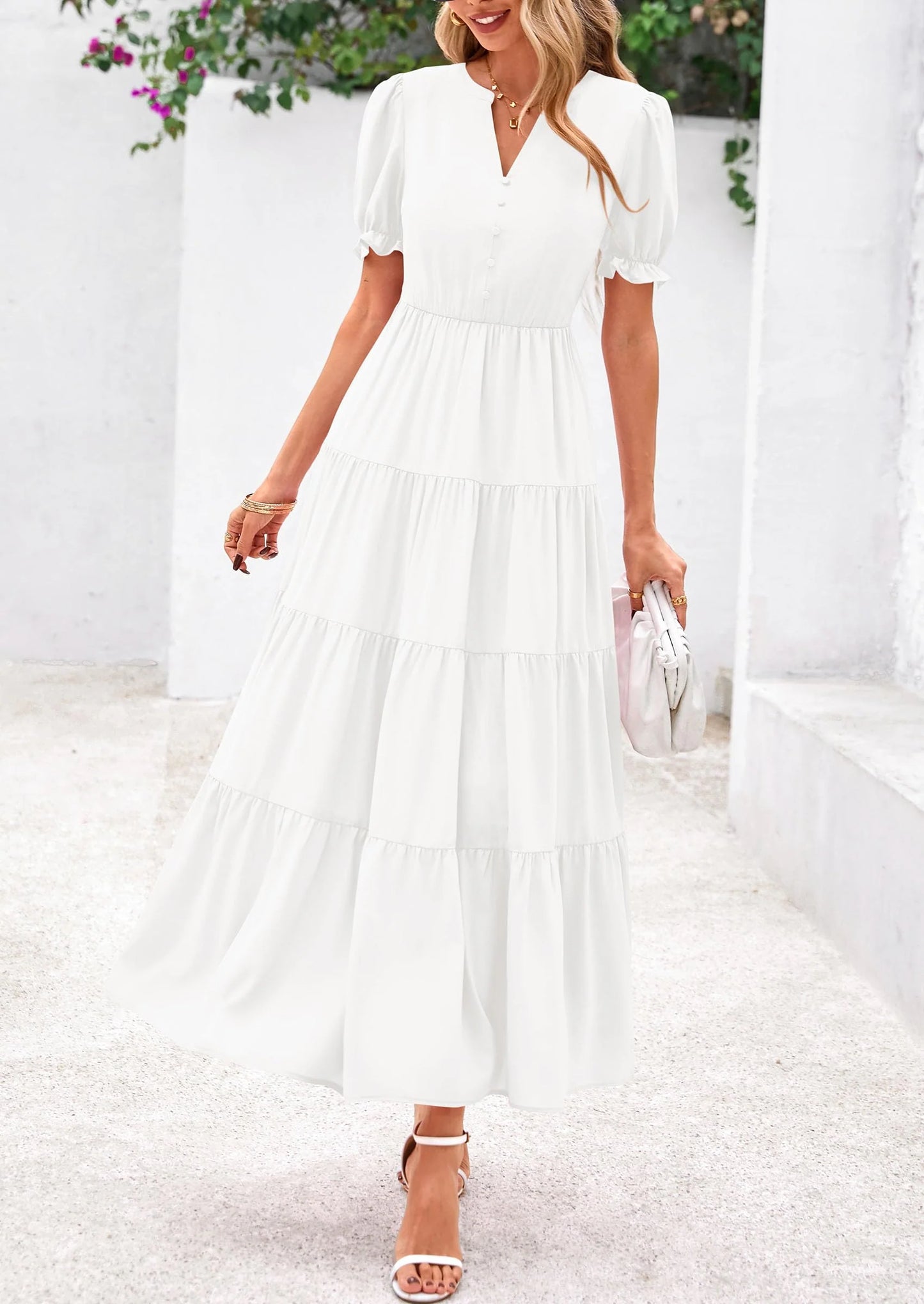 Women's Casual Short Sleeve V Neck Midi Dresses Spring A-line Tiered Wedding Guest Dress