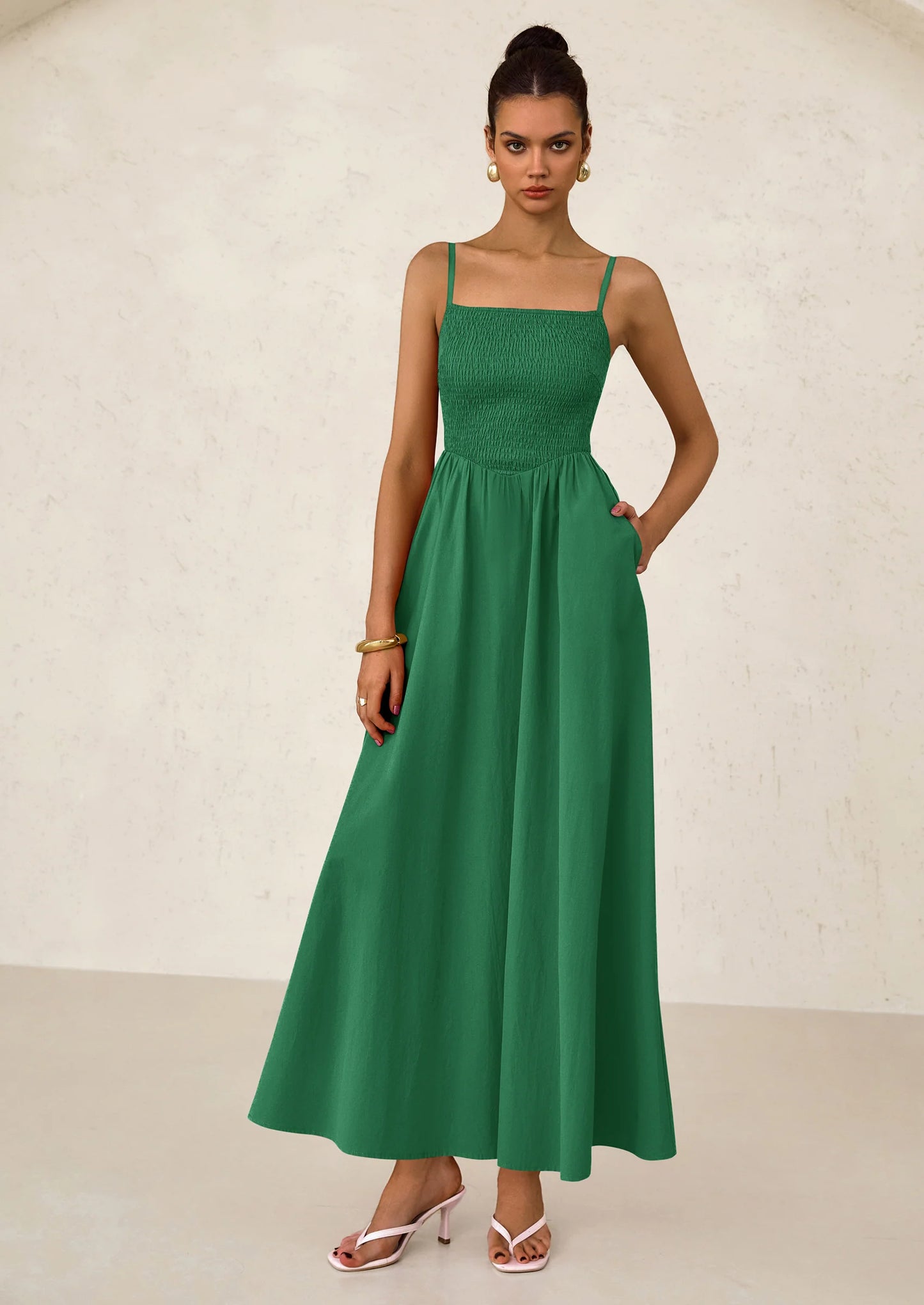 Women's Smocked Maxi Dresses Beach Sundress Casual Spaghetti Strap Swing A Line Long Flowy Dress