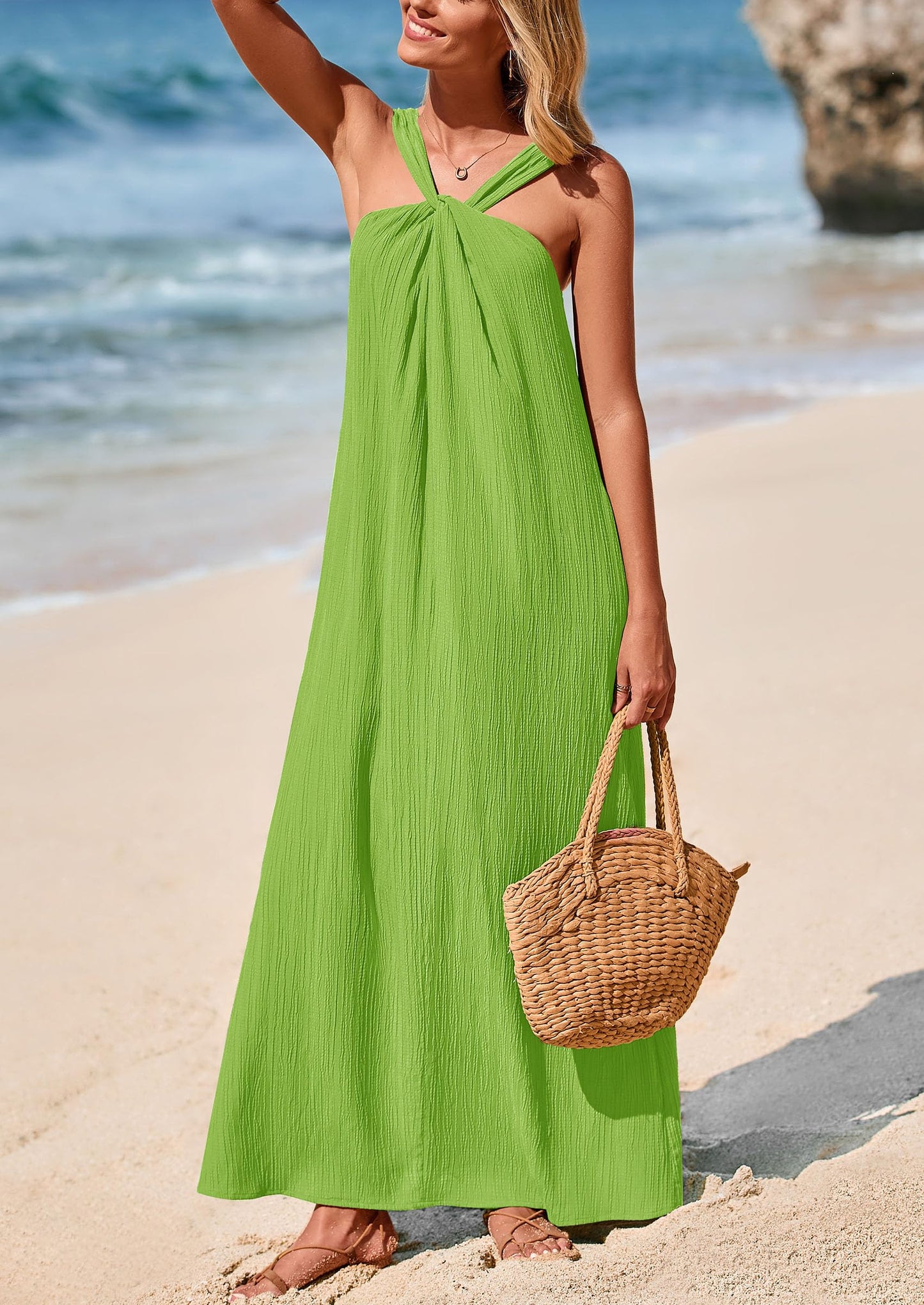 Womens Casual Long Summer Dresses Sleeveless Strappy Loose Flowy Beach Vacation Maxi Dress with Pockets