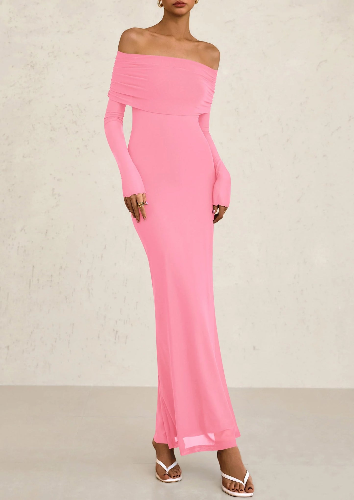 Off The Shoulder Dresses for Women Mesh Long Sleeve Baby Shower Formal Wedding Guest Dress