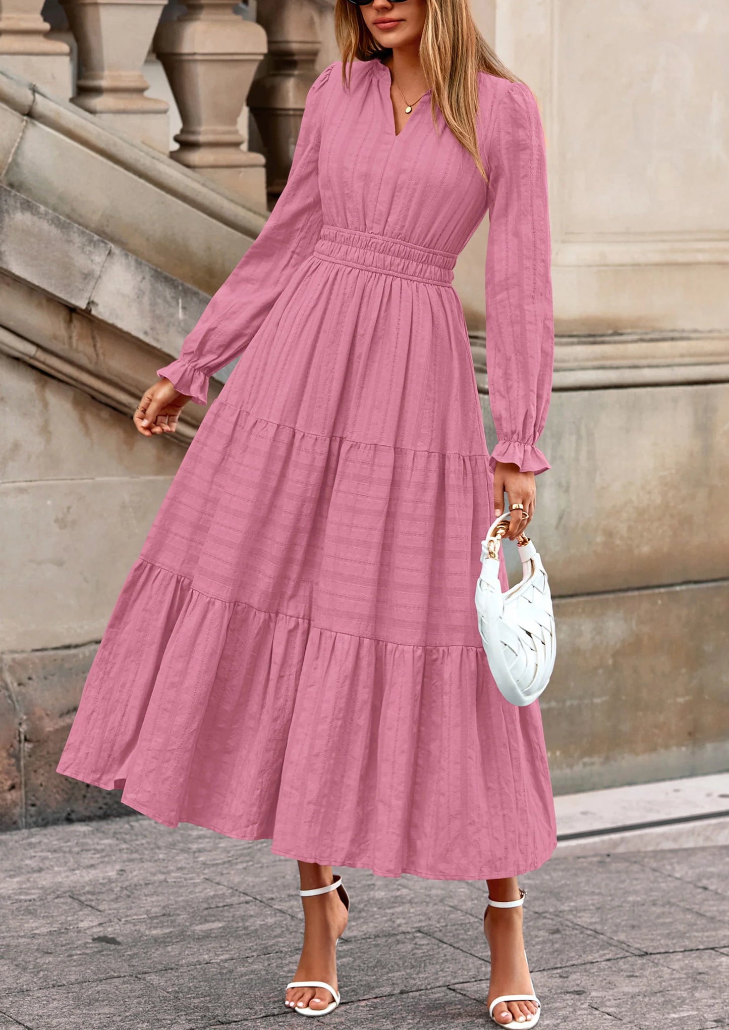 Women's Fall Wedding Guest Dresses Long Sleeve V Neck Flowy Elegant Holiday Party Maxi Dress with Pockets