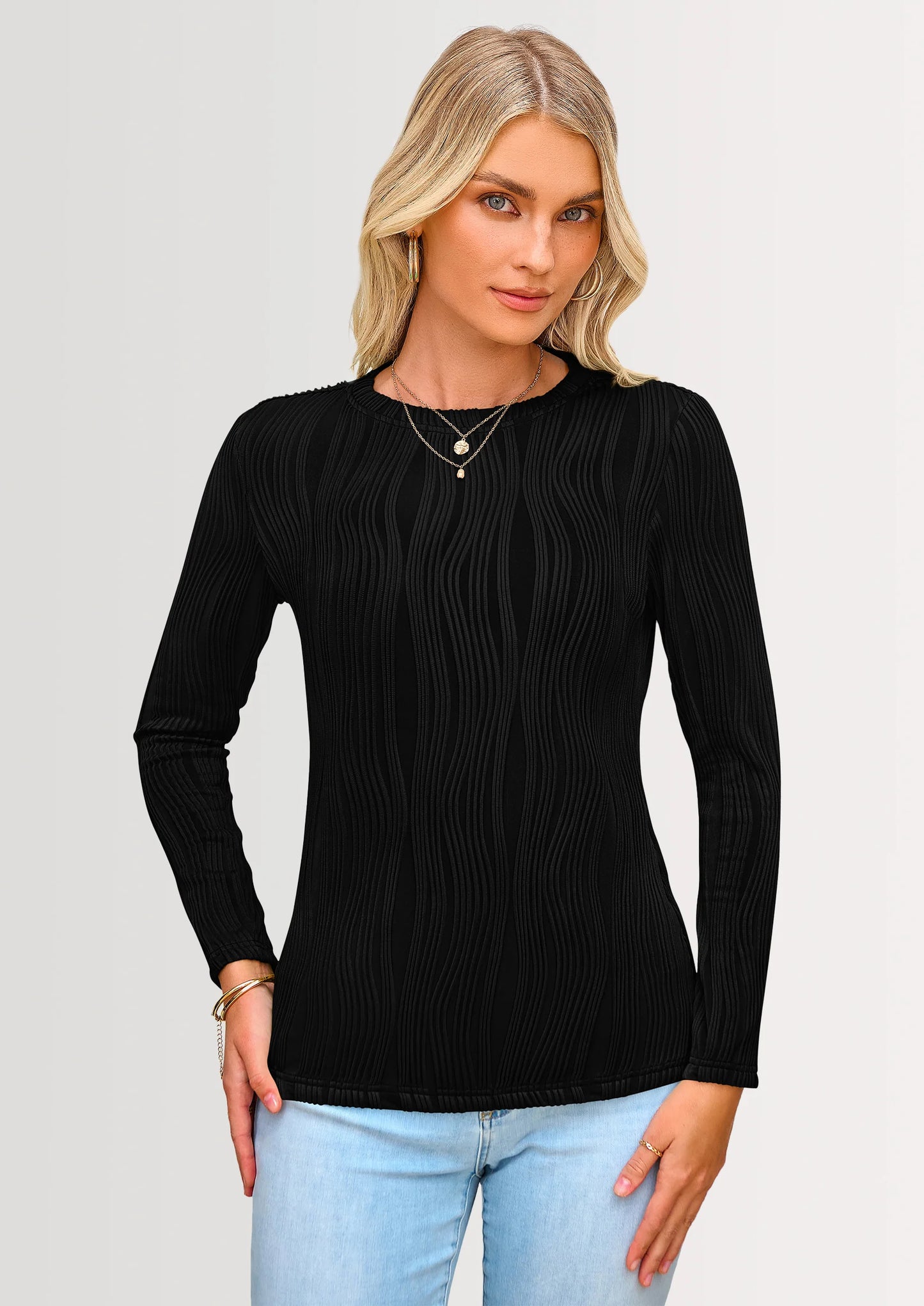 Long Sleeve Tops for Women Spring Fall Trendy Business Dressy Casual Shirts Crewneck Textured Blouse