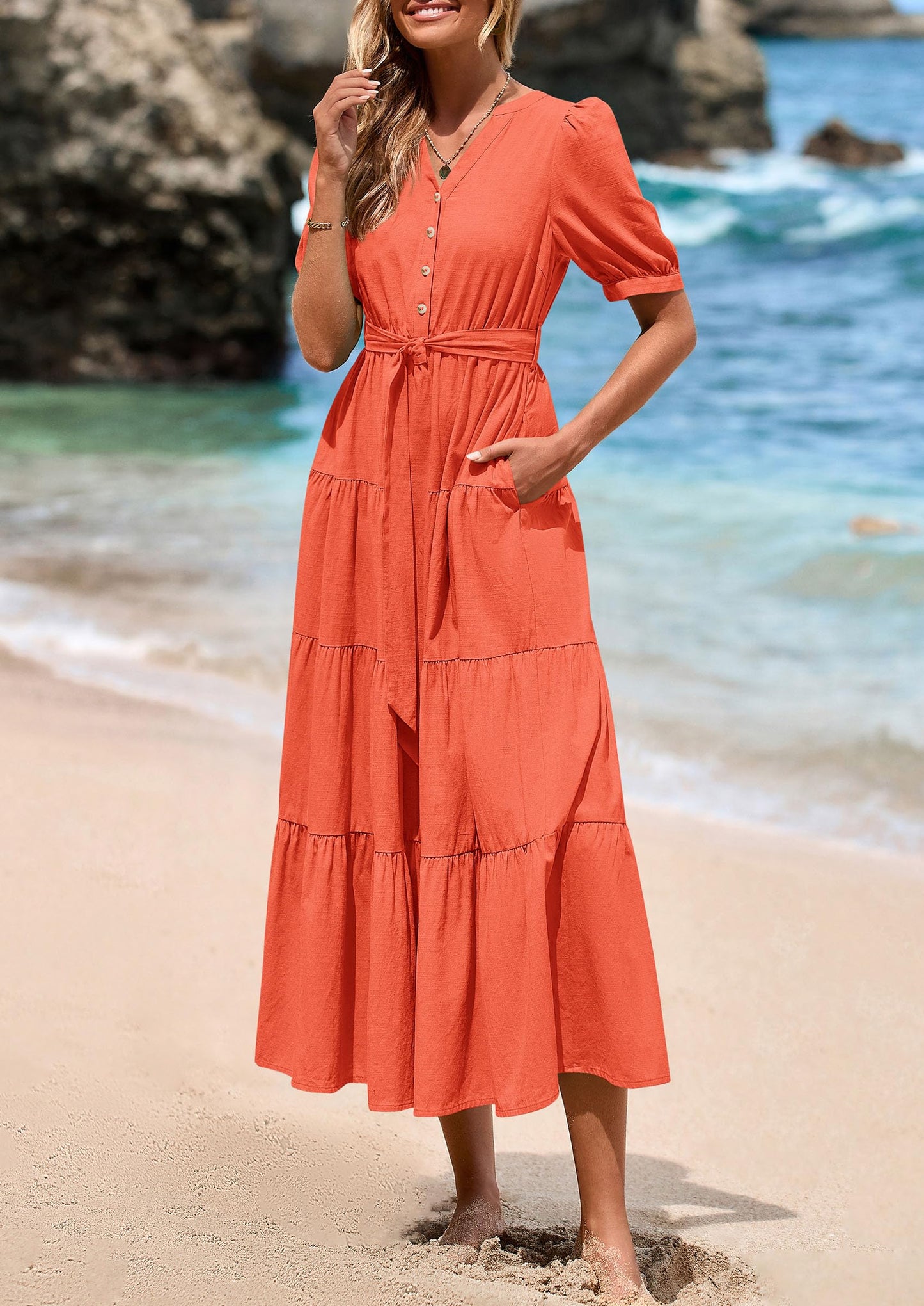 Women's Midi Dress Casual Short Sleeve V Neck Buttons Belted Ruffle A Line Flowy Dress with Pockets