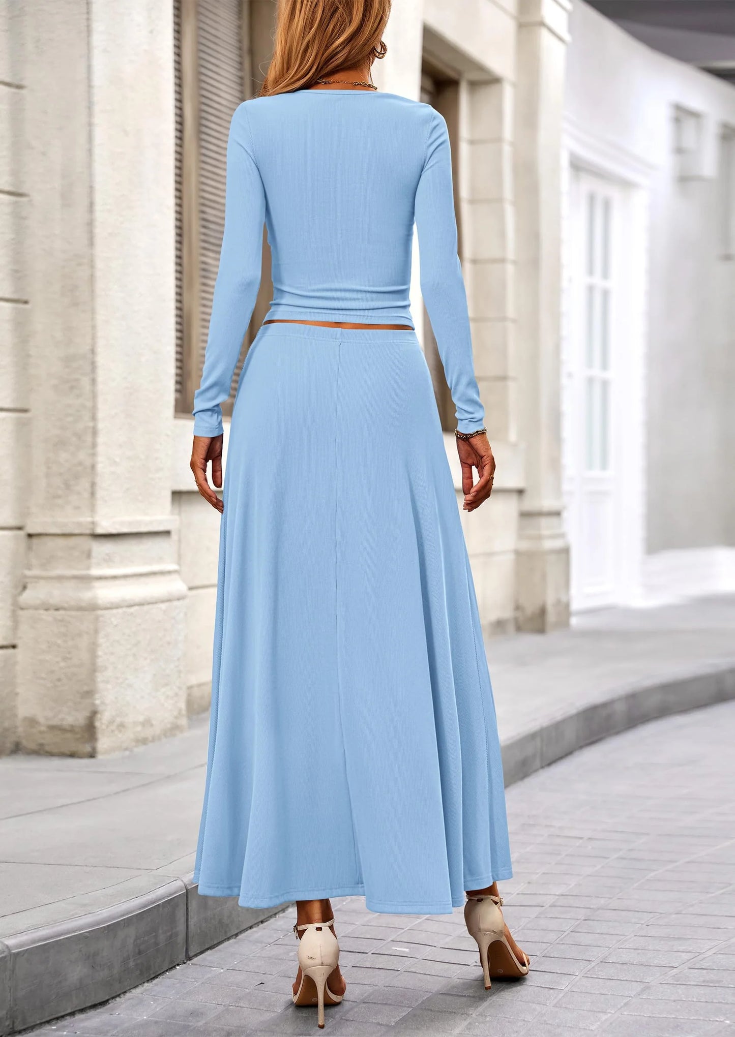 2 Piece Casual Ribbed Knit Long Sleeve Crop Tops Maxi Flowy Skirts Matching Sets