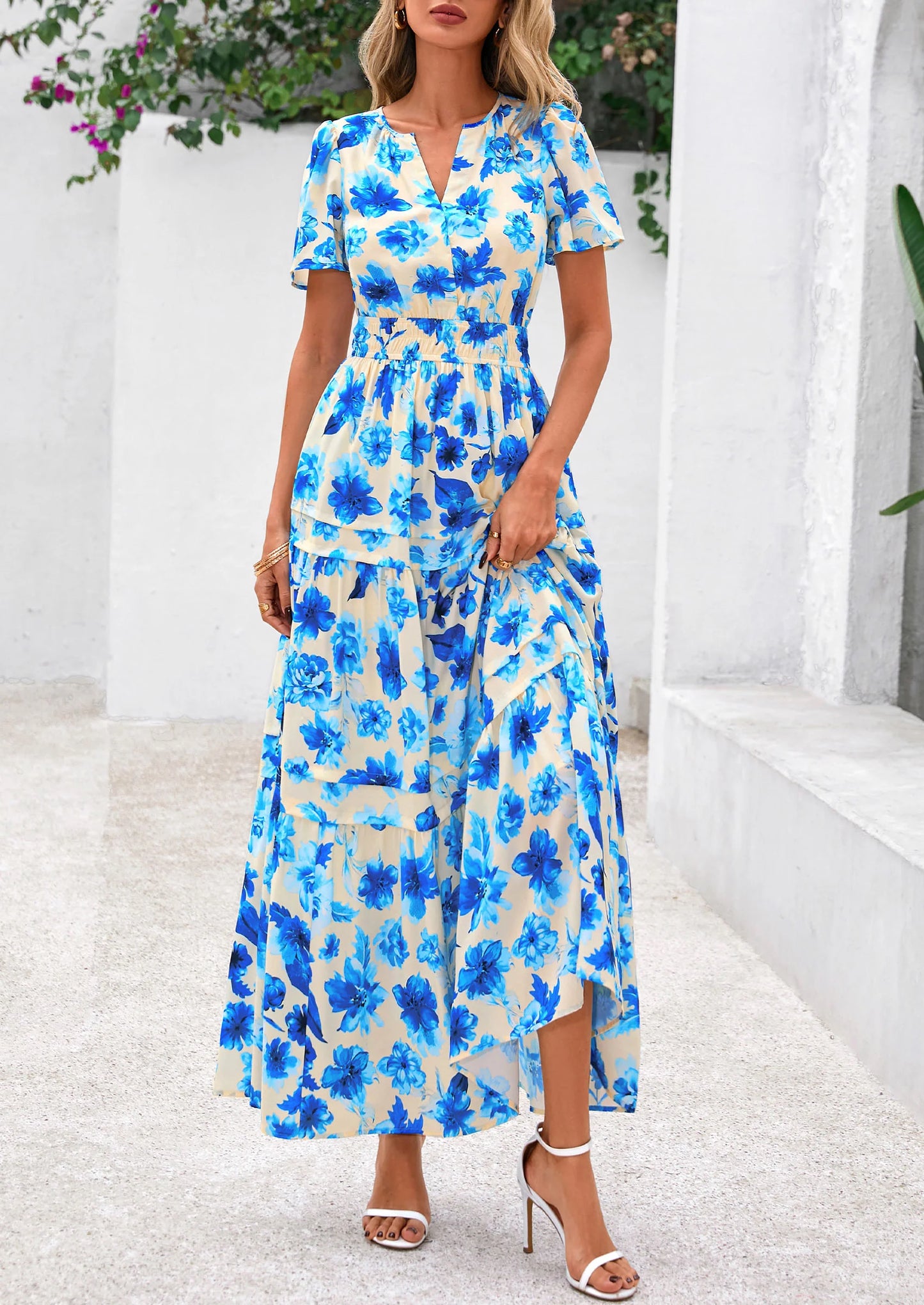 Women's Boho Maxi Dresses Floral Short Sleeve V Neck A Line Tiered Flowy Long Beach Vacation Dress