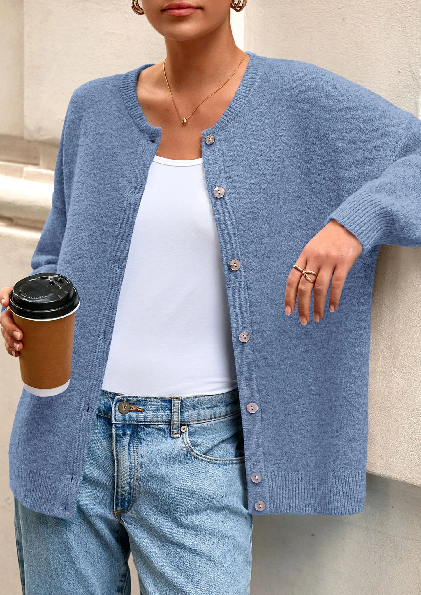 Fall Long Sleeve Cardigans for Women Trendy Open Front Winter Button Down Crewneck Soft Knit Sweater Jacket