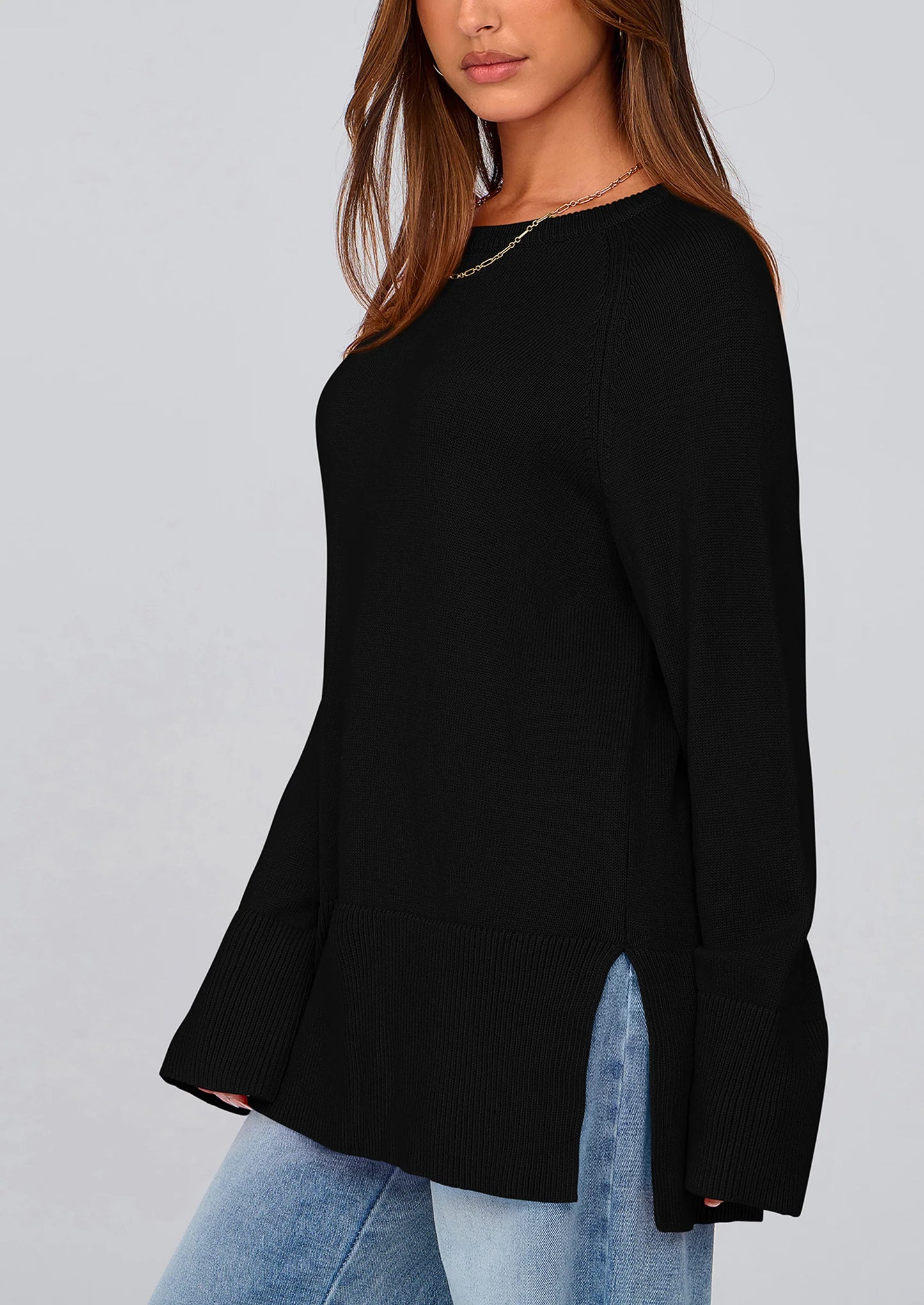 Women's Knit Fall Sweaters Long Sleeve Pullover Crewneck Split Hem Oversized Tunic Sweater Tops Winter Clothing
