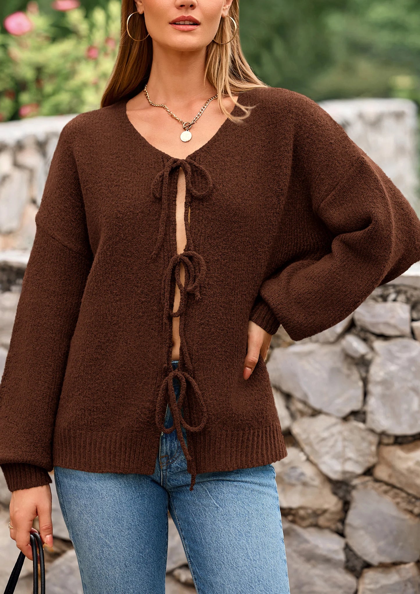 Women's Tie Front Bow Cardigan Sweaters Chunky Knit Long Puff Sleeve Trendy Fall Winter Jacket Coats