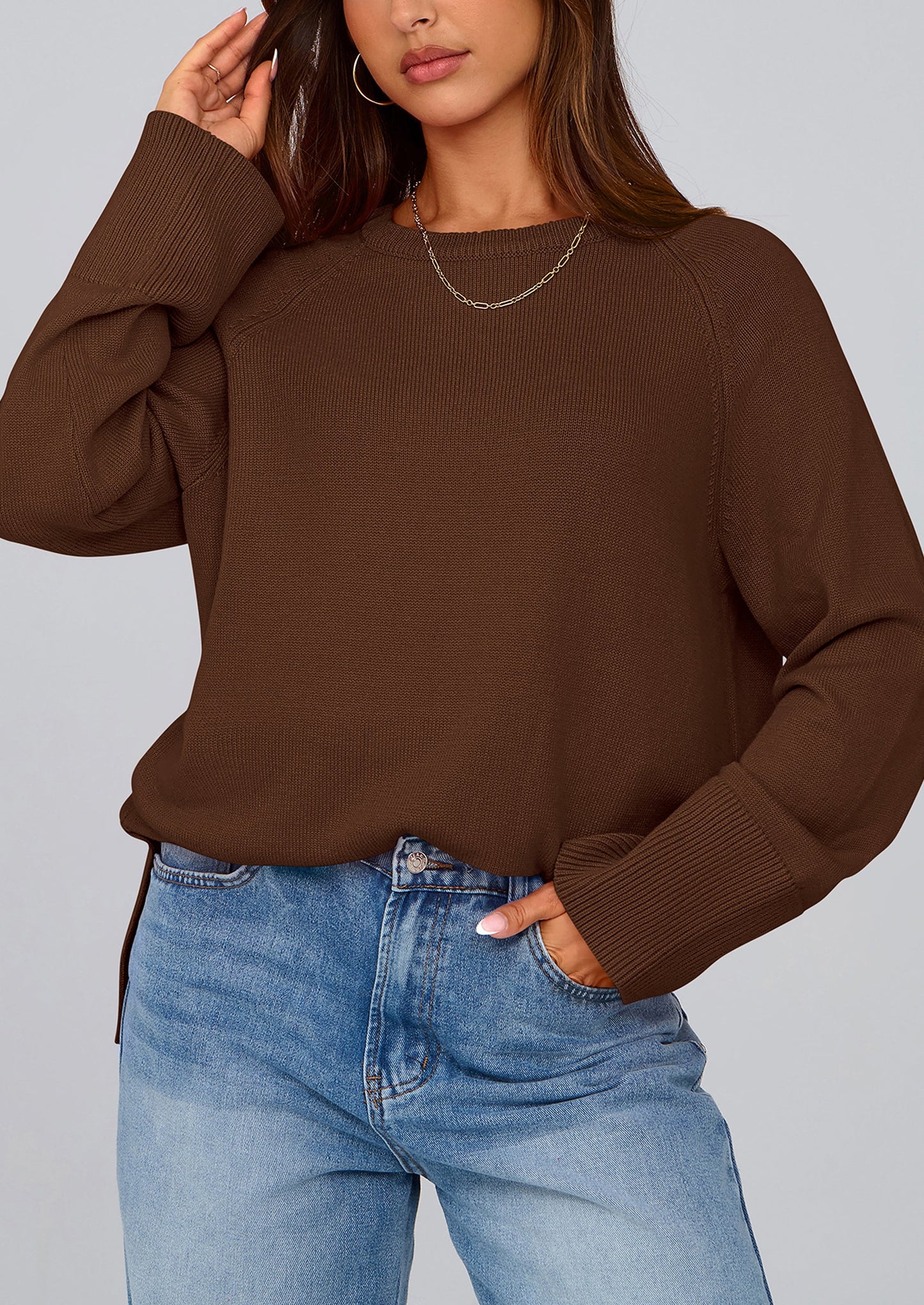 Women's Knit Fall Sweaters Long Sleeve Pullover Crewneck Split Hem Oversized Tunic Sweater Tops Winter Clothing