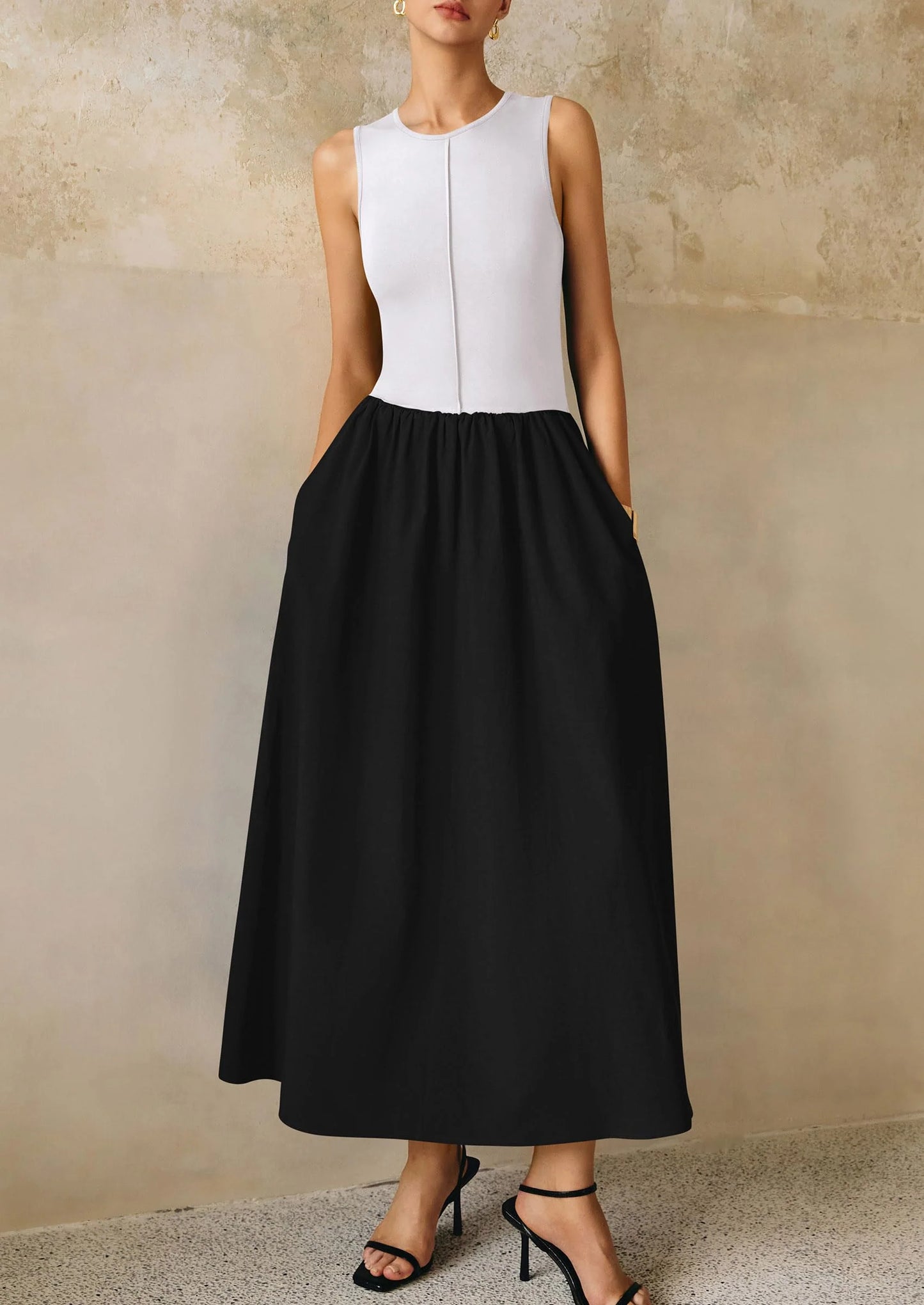 Women Maxi Dresses Casual Sleeveless Patchwork Knit Tank Dress Flowy Beach Sundress Long Dress