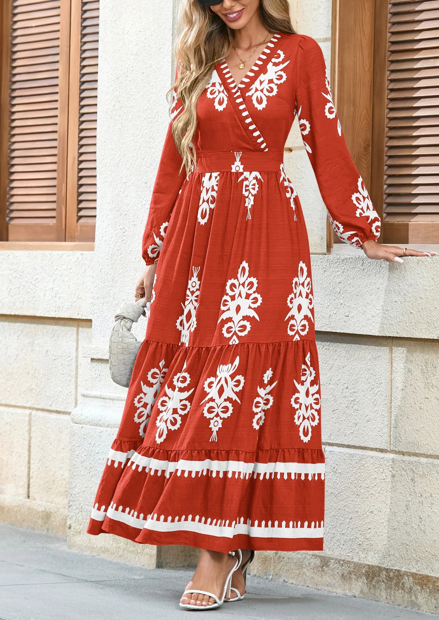 Women's Fall Wedding Guest Dresses Boho Floral Long Sleeve V Neck Flowy Elegant Maxi Dress Beach Clothes