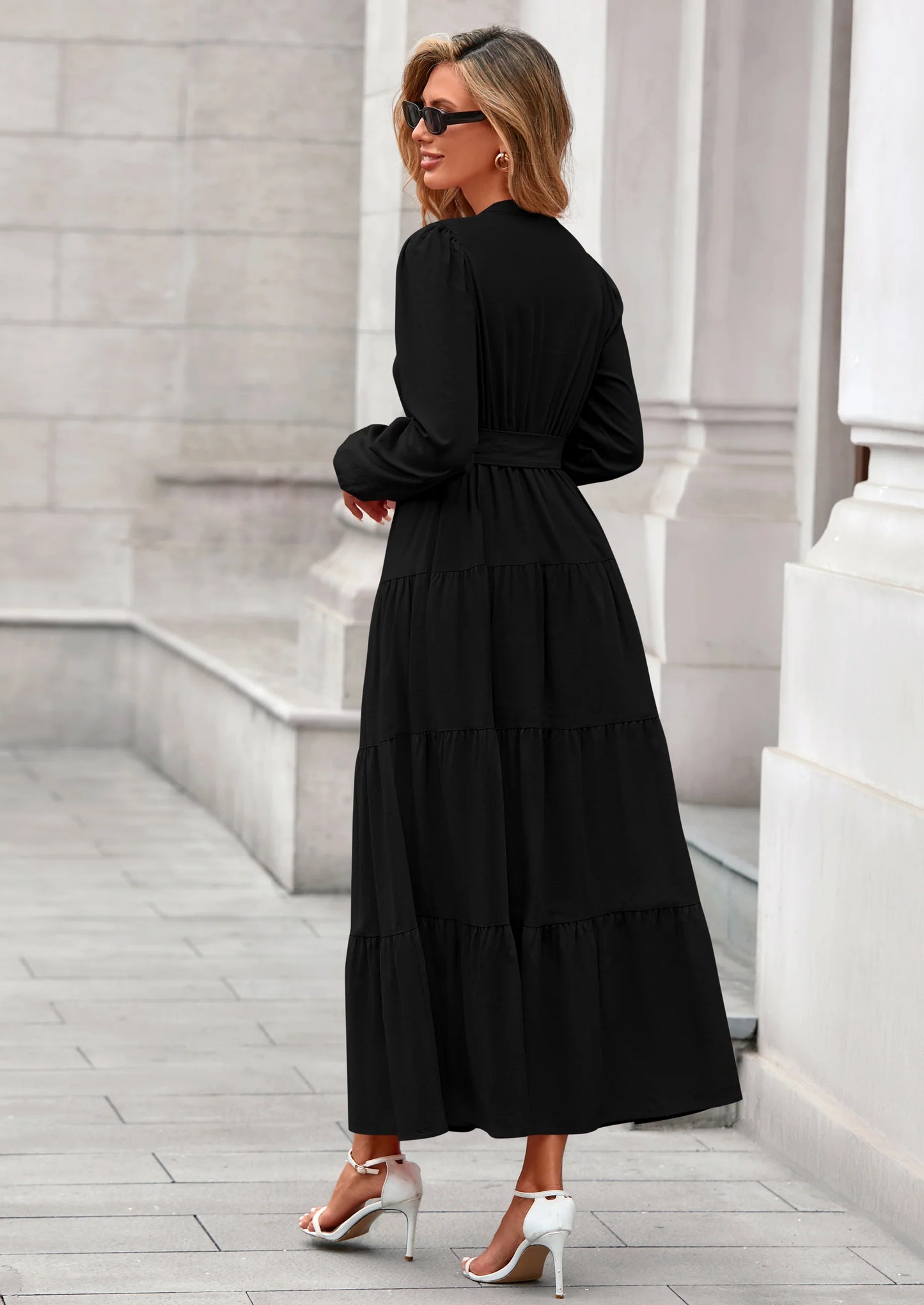 Fall Dresses for Women Long Sleeve V Neck Belted Ruffle A Line Flowy Boho Maxi Wedding Guest Dress Pockets