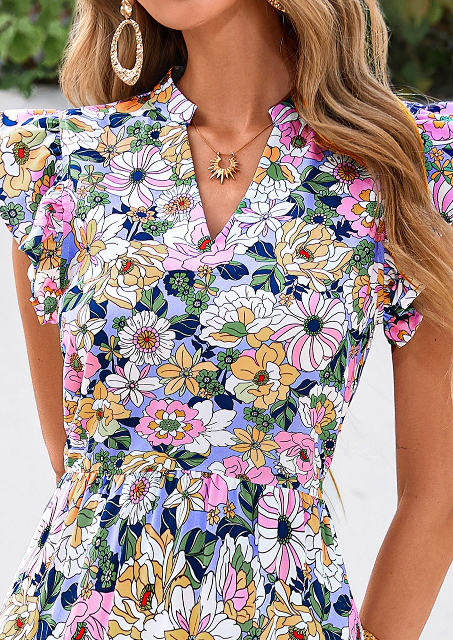 Women's Summer Floral Midi Dress Cap Sleeve V Neck Ruffle Long Flowy Boho Casual Beach Vacation Dresses