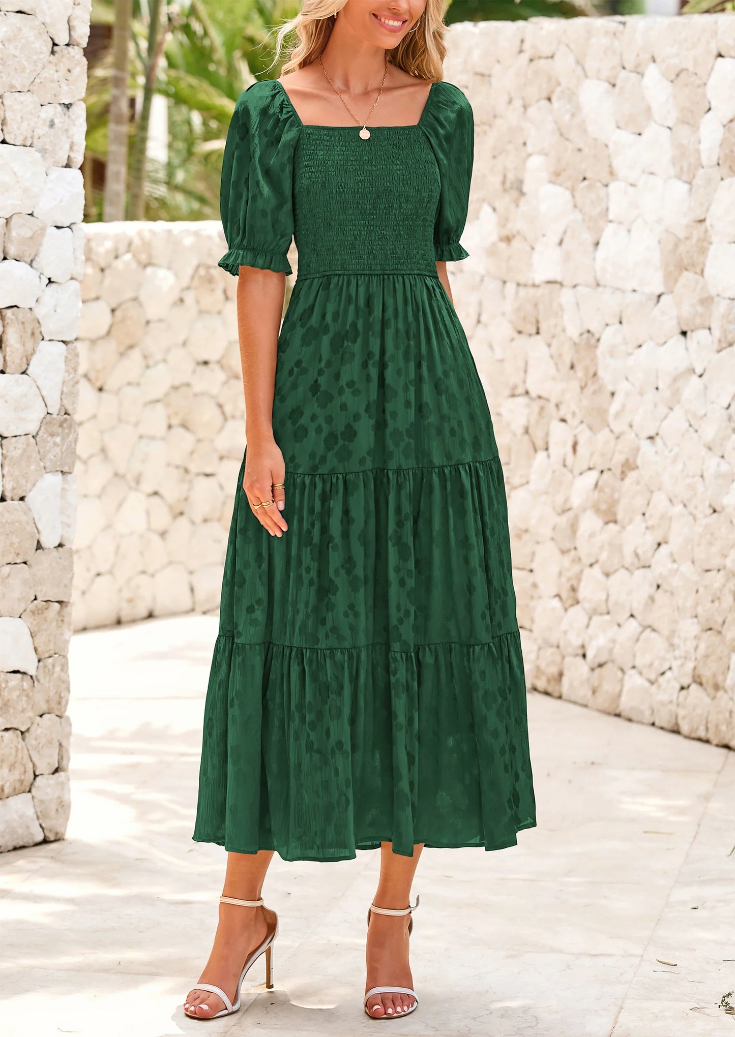 Women's Casual Midi Dresses Square Neck Short Sleeve Smocked A Line Floral Flowy Elegant Boho Dress