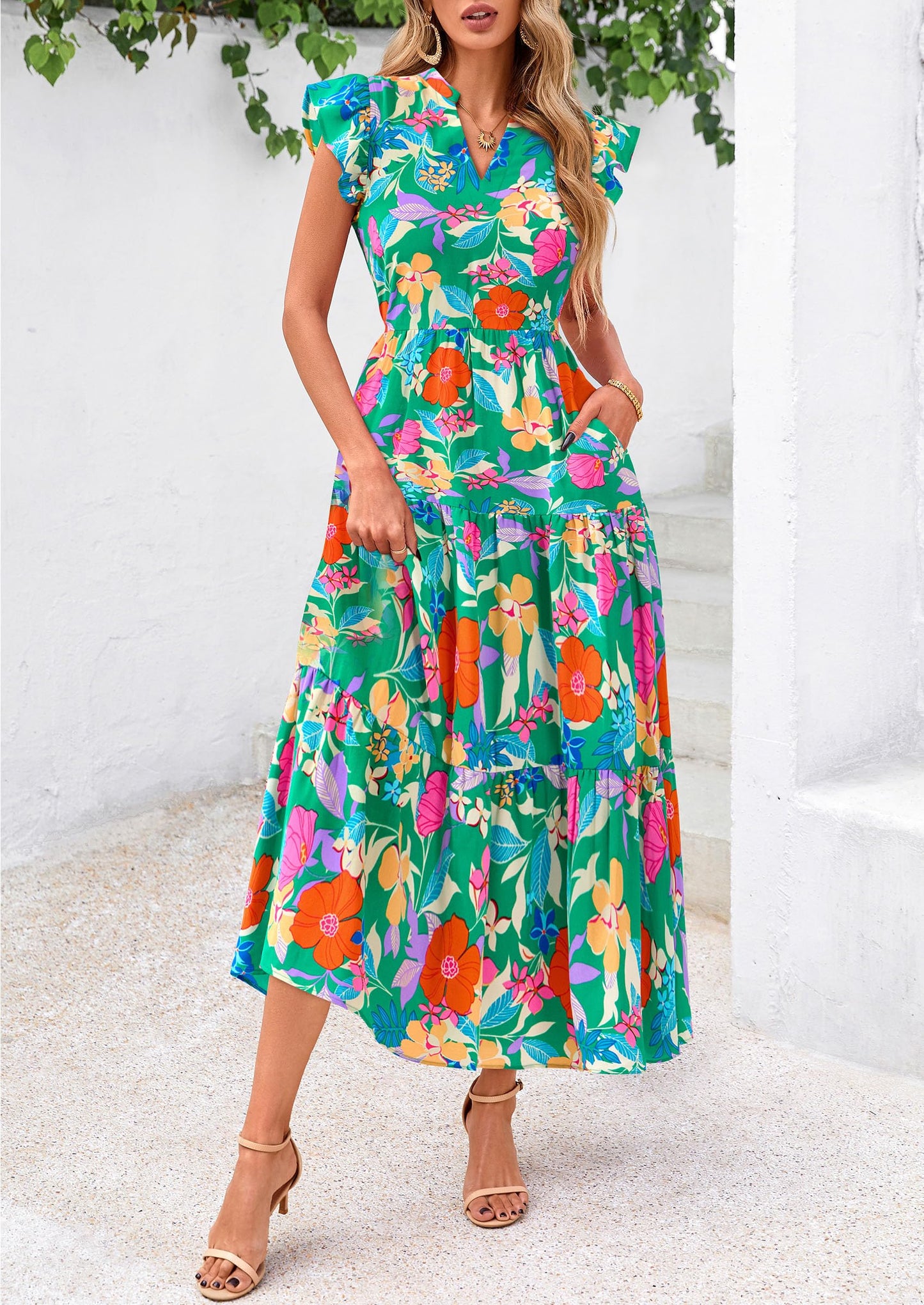 Women's Summer Floral Midi Dress Cap Sleeve V Neck Ruffle Long Flowy Boho Casual Beach Vacation Dresses