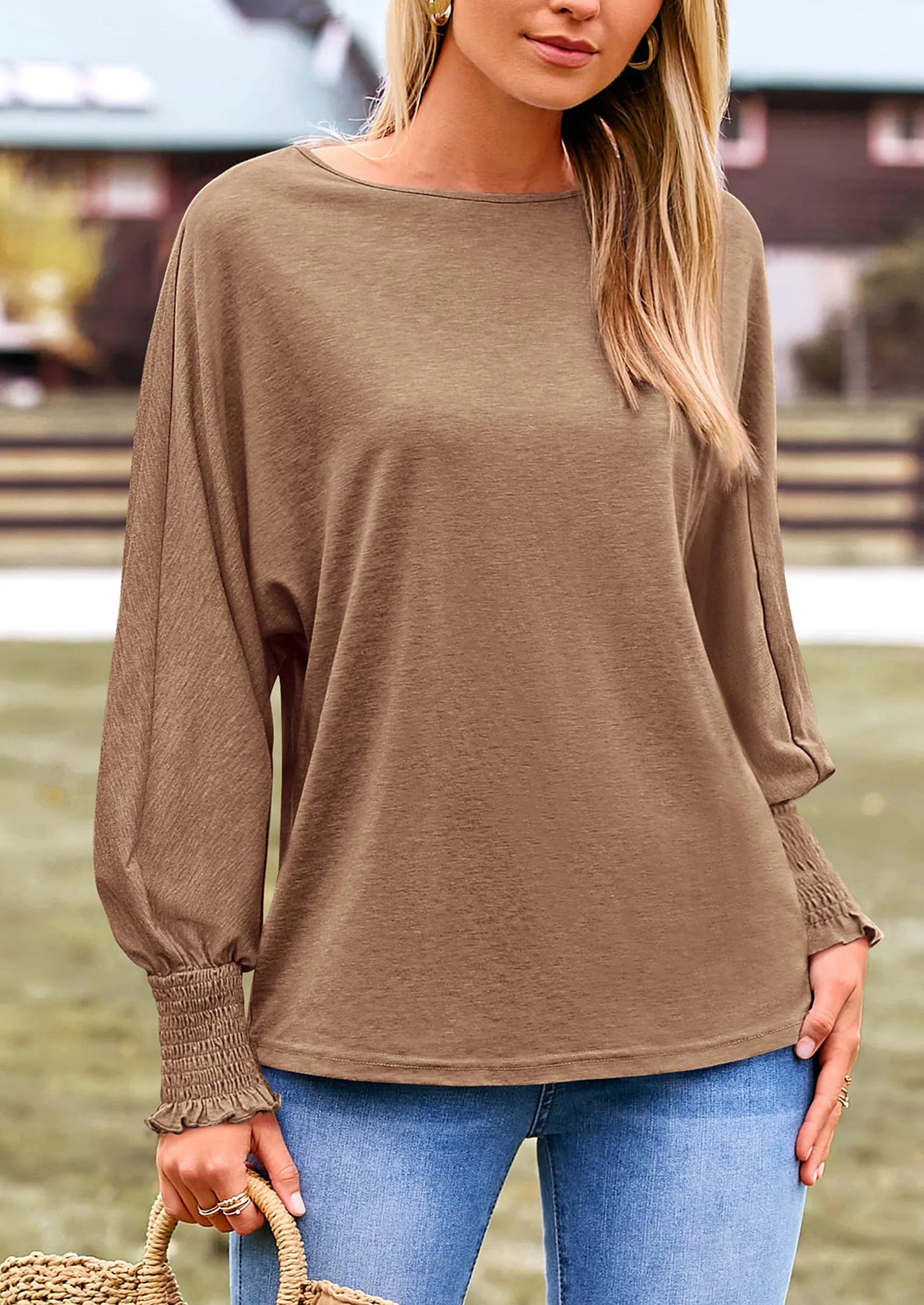 Women's Spring Fashion T Shirts Puff Long Sleeve Crewneck Casual Basic Tee Tops Blouses