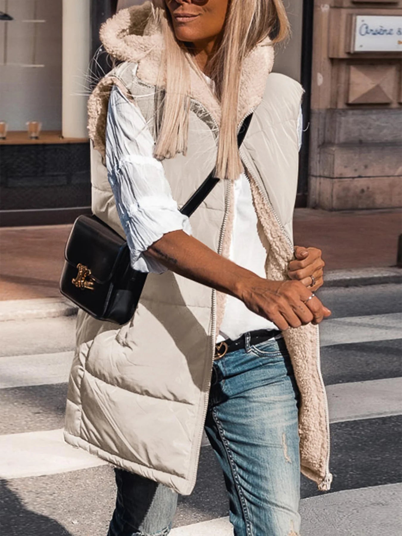 Womens Fall Reversible Vests Sleeveless Fleece Jacket Zip Up Hoodie Pockets Long Warm Winter Coat Outerwear