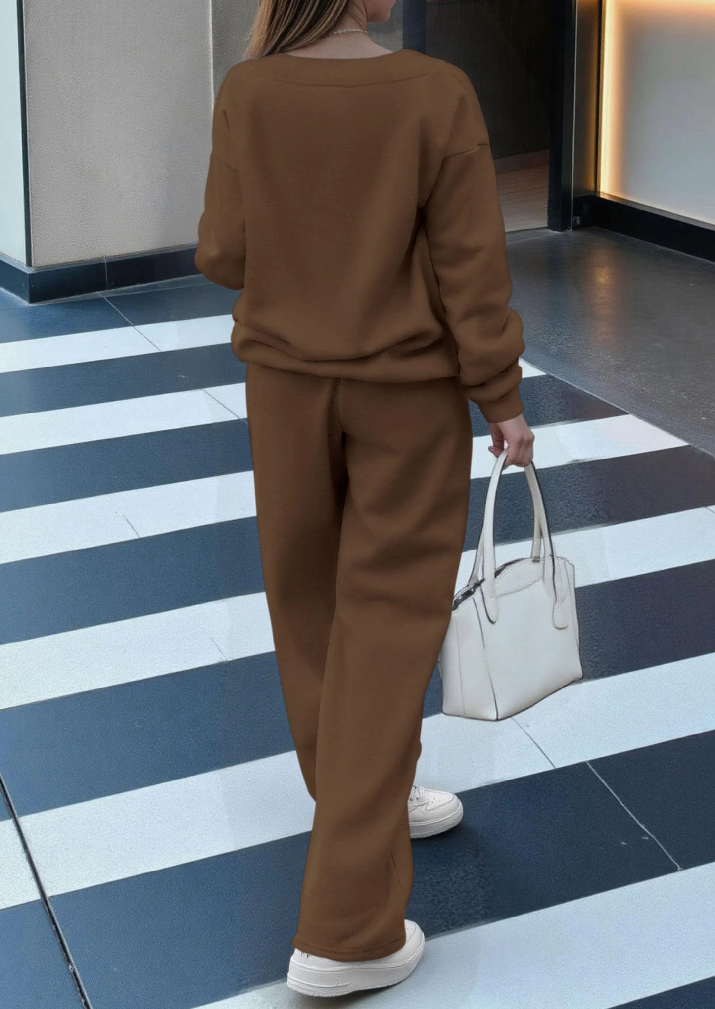 Casual Winter Two Piece Sets for Women V Neck Sweatshirt Loose Wide Leg Pants Tracksuit Knit Fall Outfits