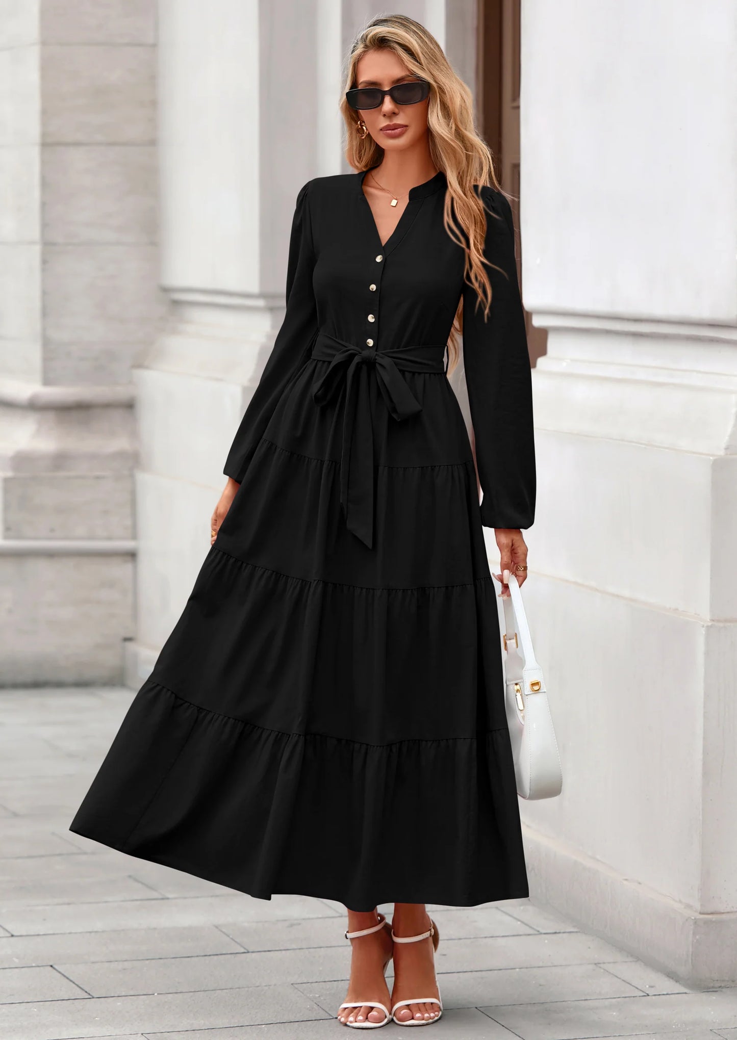 Fall Dresses for Women Long Sleeve V Neck Belted Ruffle A Line Flowy Boho Maxi Wedding Guest Dress Pockets