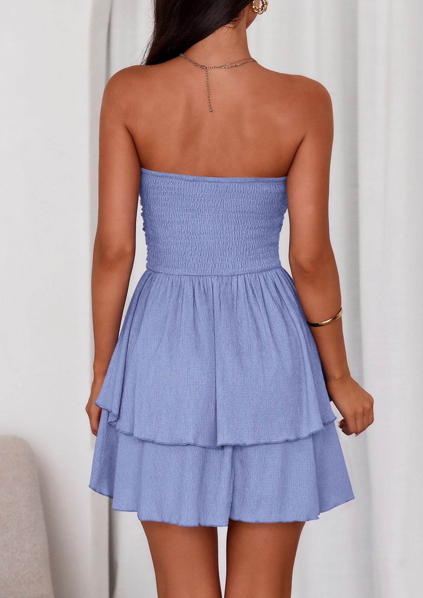 Women's Summer Strapless Tube Mini Dress Off Shoulder Smocked Ruffle A Line Flowy Short Party Club Dresses