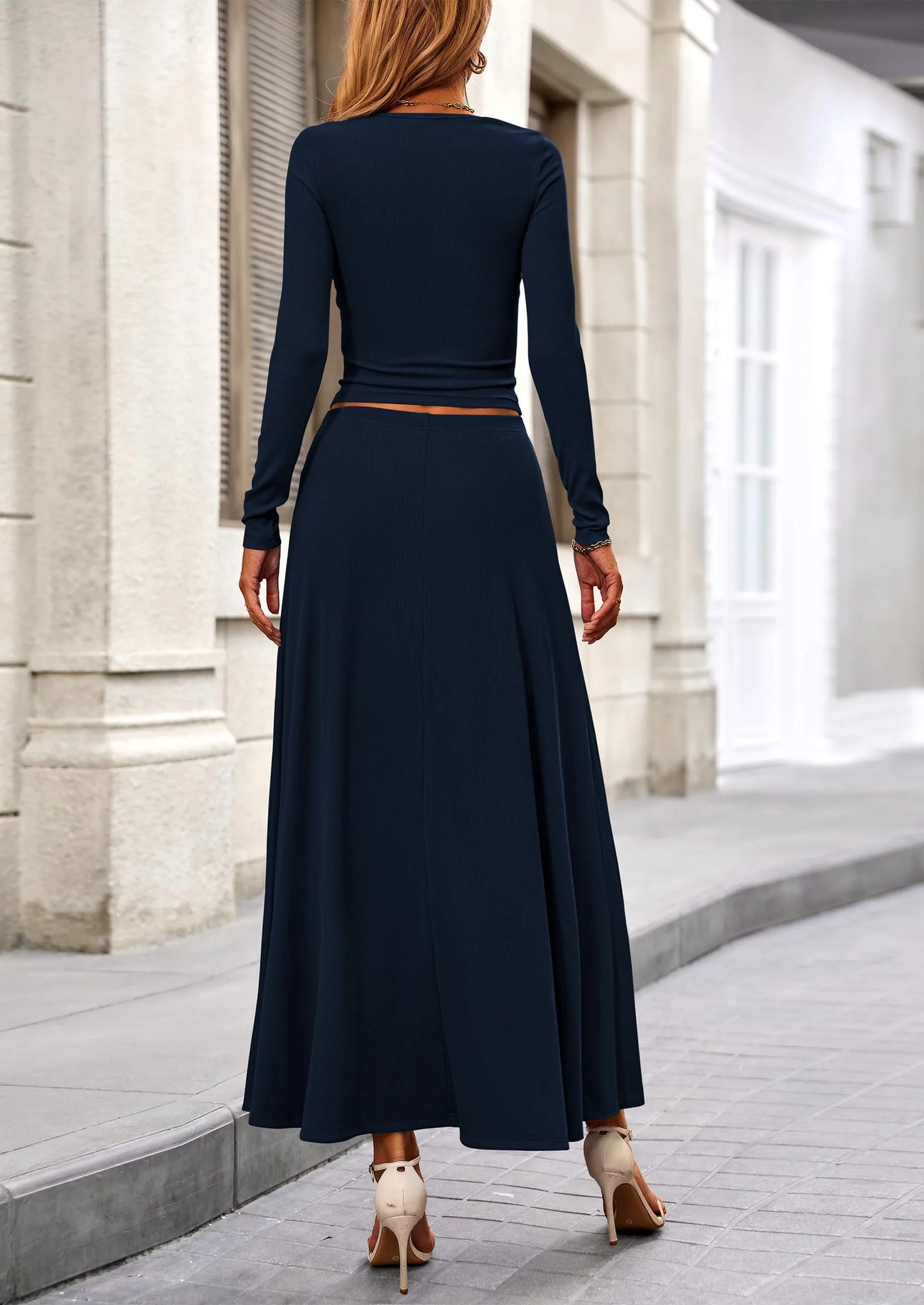 2 Piece Casual Ribbed Knit Long Sleeve Crop Tops Maxi Flowy Skirts Matching Sets