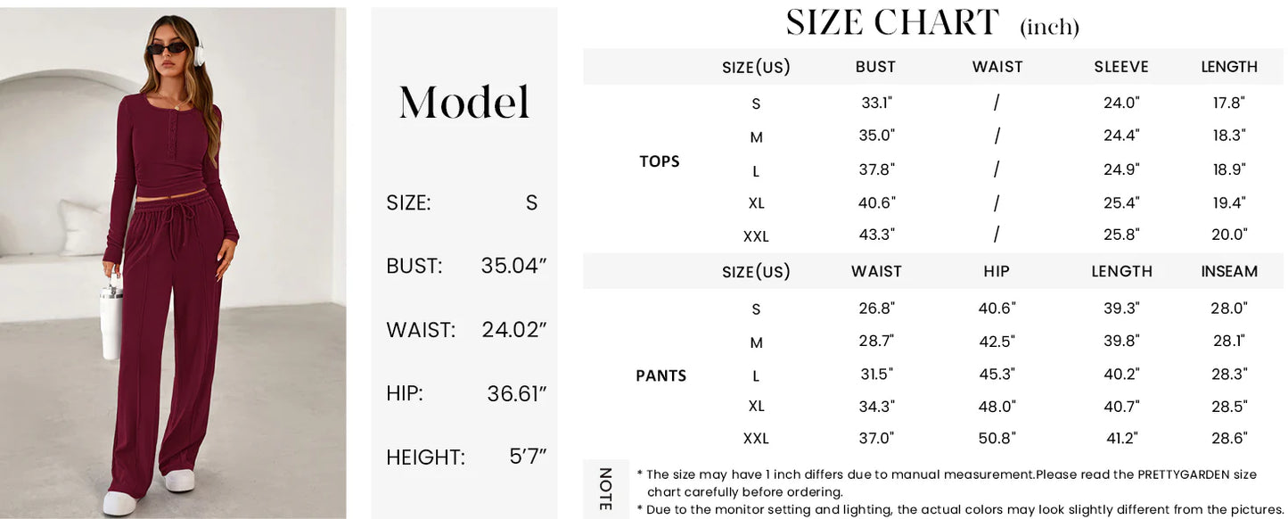 Women's Fall Trendy 2 Piece Outfits Lounge Sets Long Sleeve Top Henley Shirts Wide Leg Pants Travel Clothes