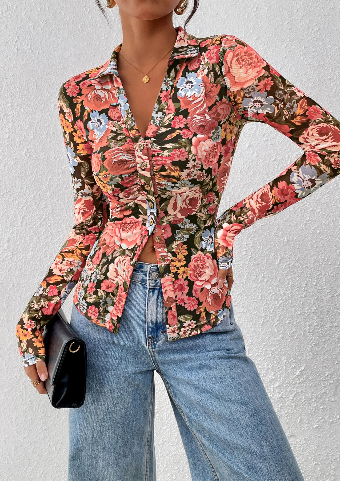 Women Button Down Floral Shirts Fall Trendy Long Sleeve V Neck Ruched Fitted Mesh Blouse Tops Date Outfits