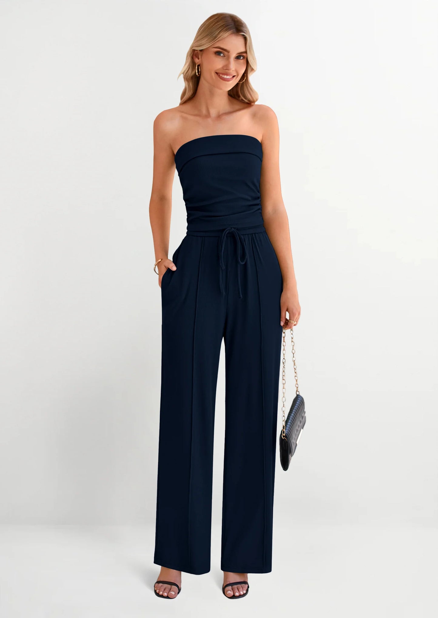 2 Piece Sets Casual Ribbed Knit Crop Tube Top Wide Leg Pants Lounge Set