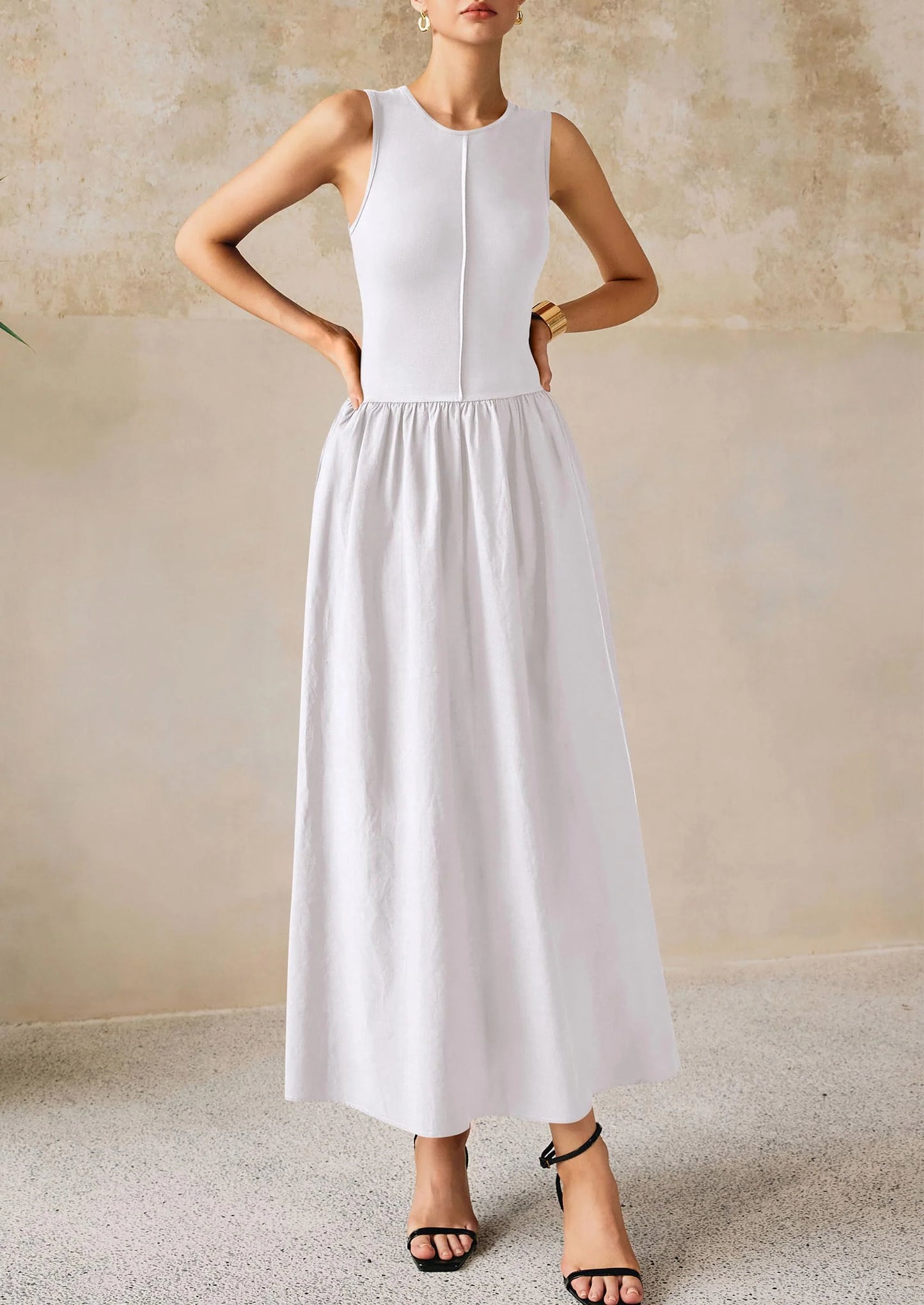Women Maxi Dresses Casual Sleeveless Patchwork Knit Tank Dress Flowy Beach Sundress Long Dress