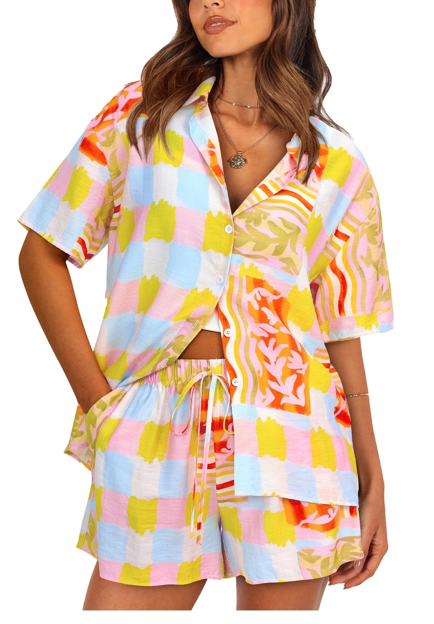Women Summer 2 Piece Sets Printed Short Sleeve Tops Lounge Shorts Beach Vacation Outfits