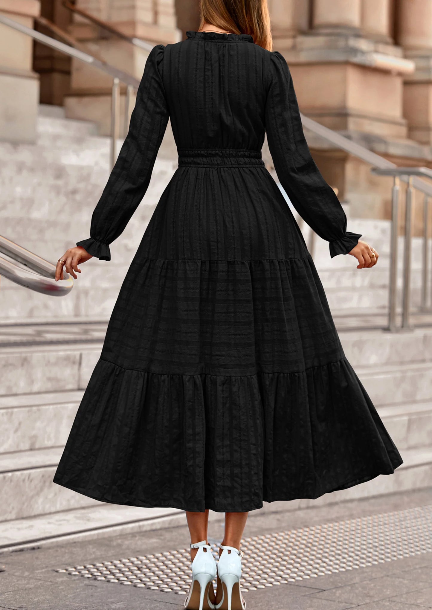 Women's Fall Wedding Guest Dresses Long Sleeve V Neck Flowy Elegant Holiday Party Maxi Dress with Pockets