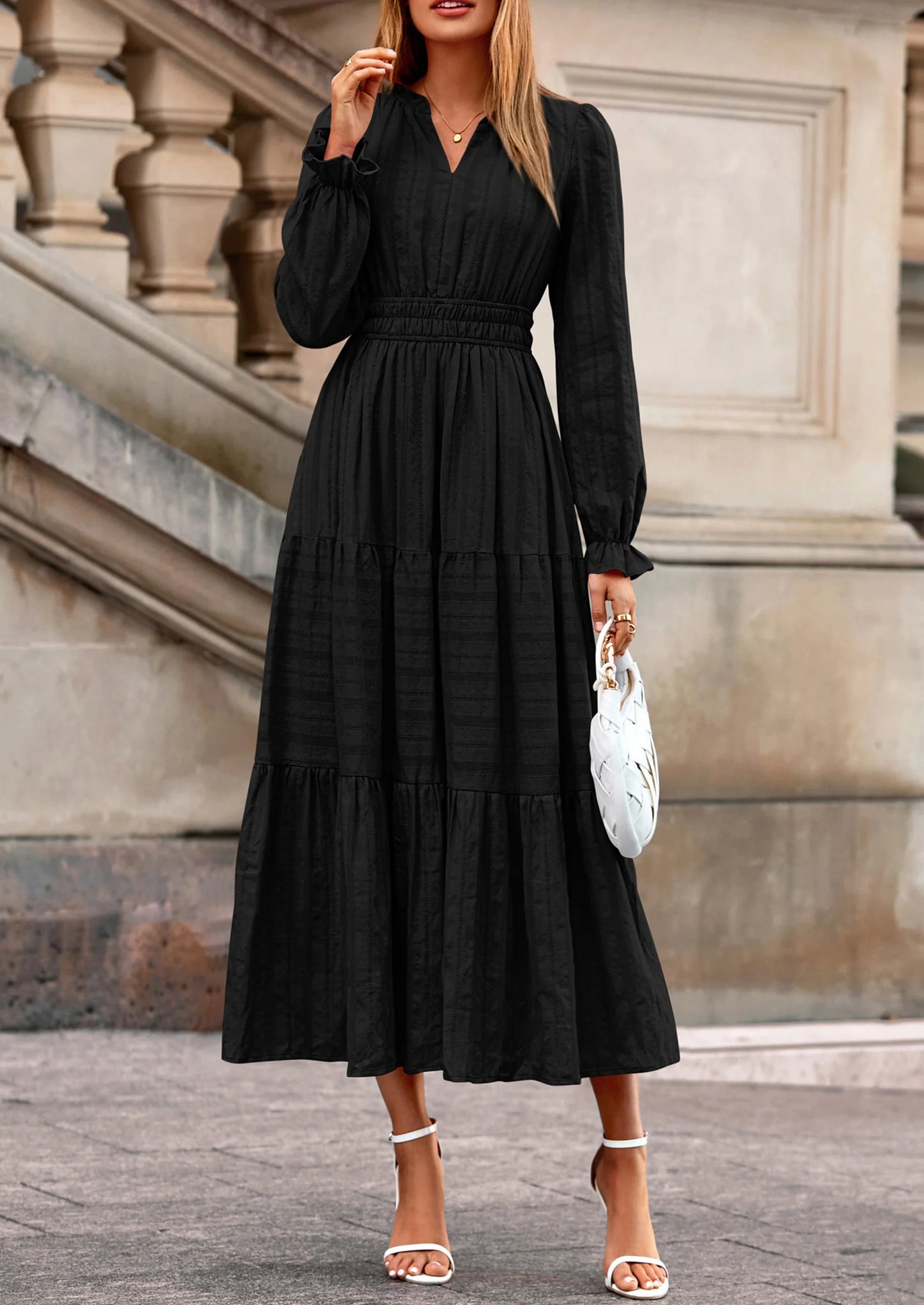 Women's Fall Wedding Guest Dresses Long Sleeve V Neck Flowy Elegant Holiday Party Maxi Dress with Pockets