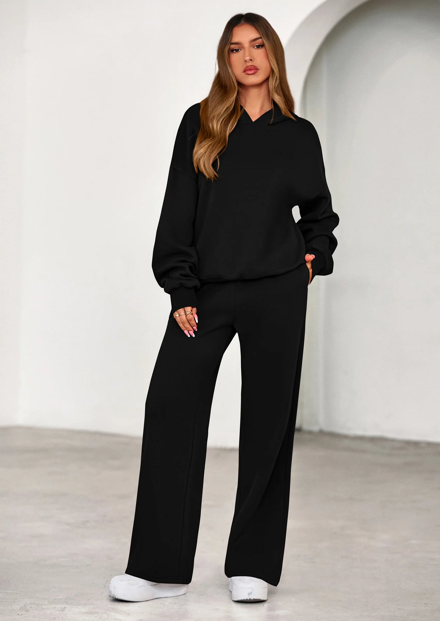 Womens Sweatsuits 2 Piece Set Casual Winter Long Sleeve Hoodie Loose Wide Leg Sweatpants Fall Tracksuit