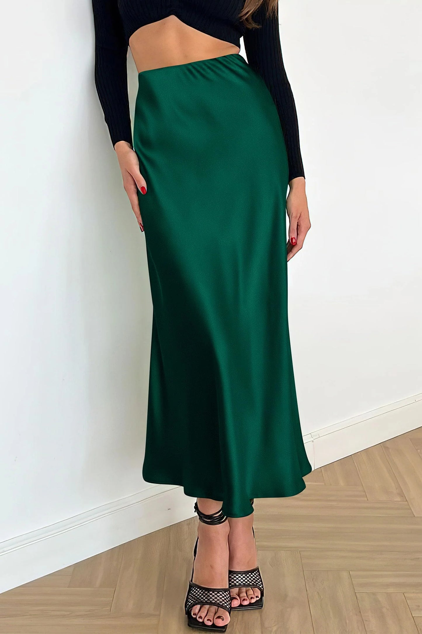 Women's Satin Skirts Dressy Casual Fall High Waisted Cocktail Wedding Flowy Elegant A Line Midi Skirt