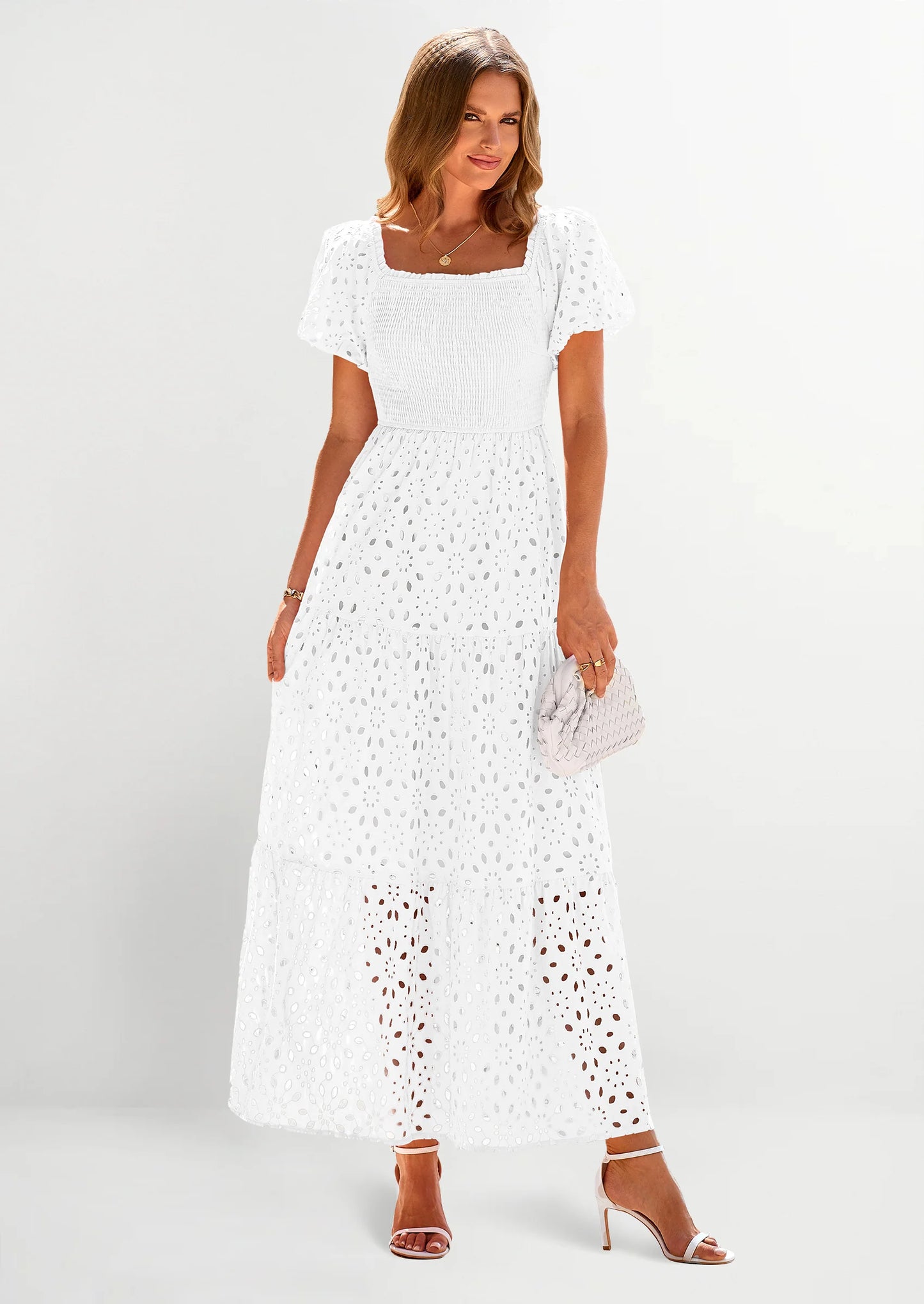Dresses for Women Eyelet Square Neck Puff Sleeve Smocked Wedding Guest Maxi Dress with Pockets