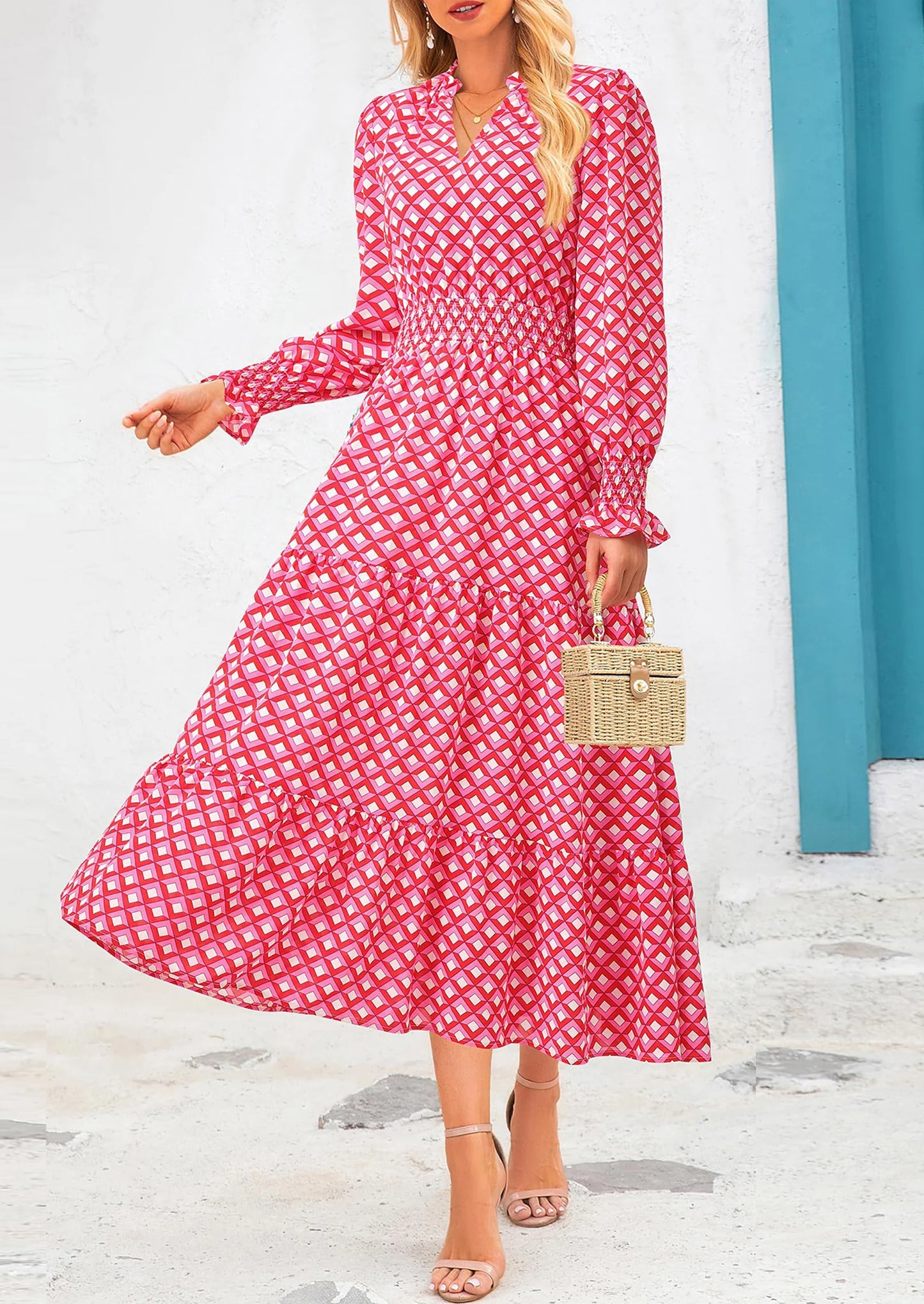 Women's Floral Maxi Dress Spring Long Sleeve V Neck Casual A Line Long Flowy Boho Party Dresses