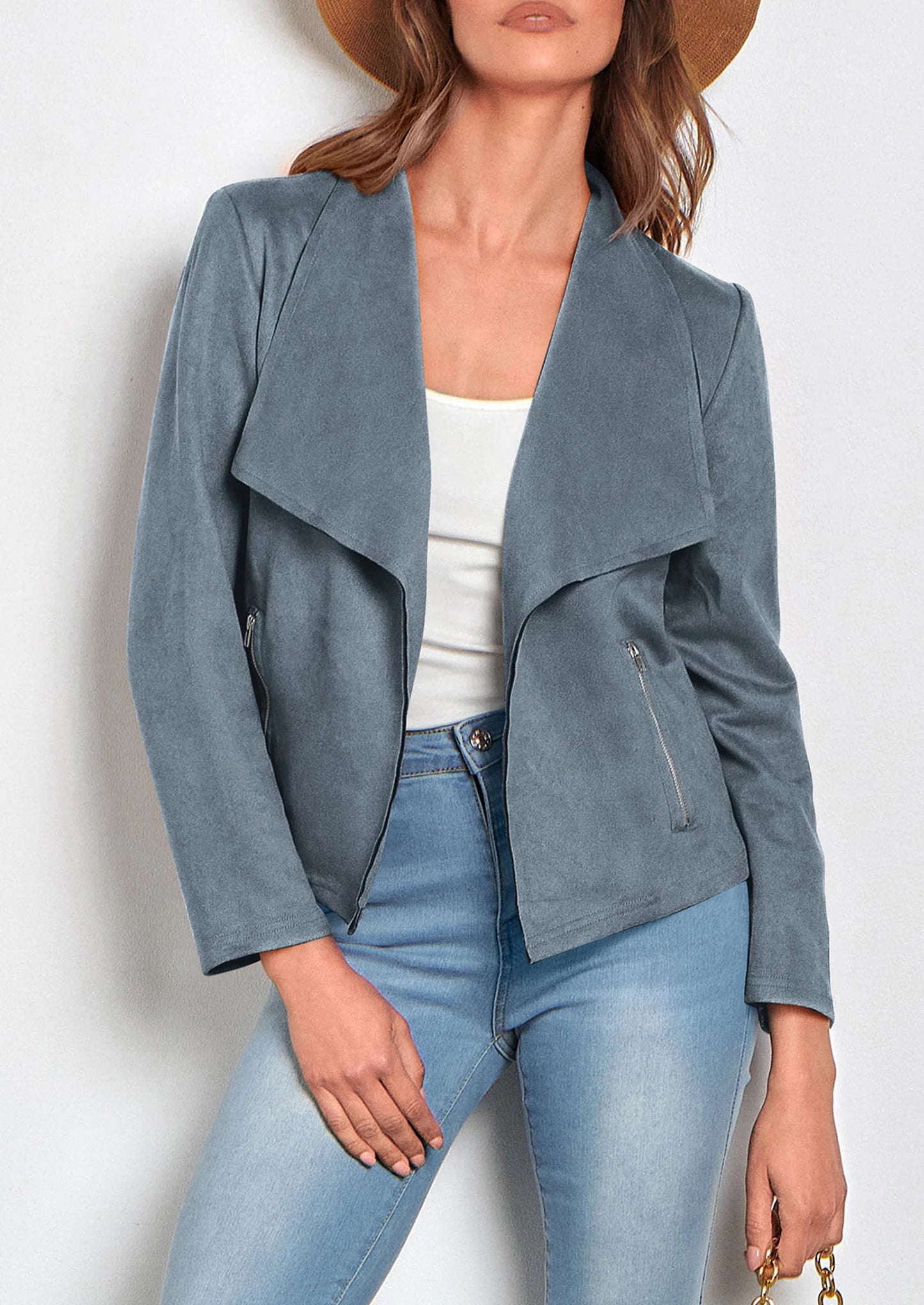 Women's Faux Suede Jackets Fashion Fall Clothes Long Sleeve Open Front Cropped Coat Outwear