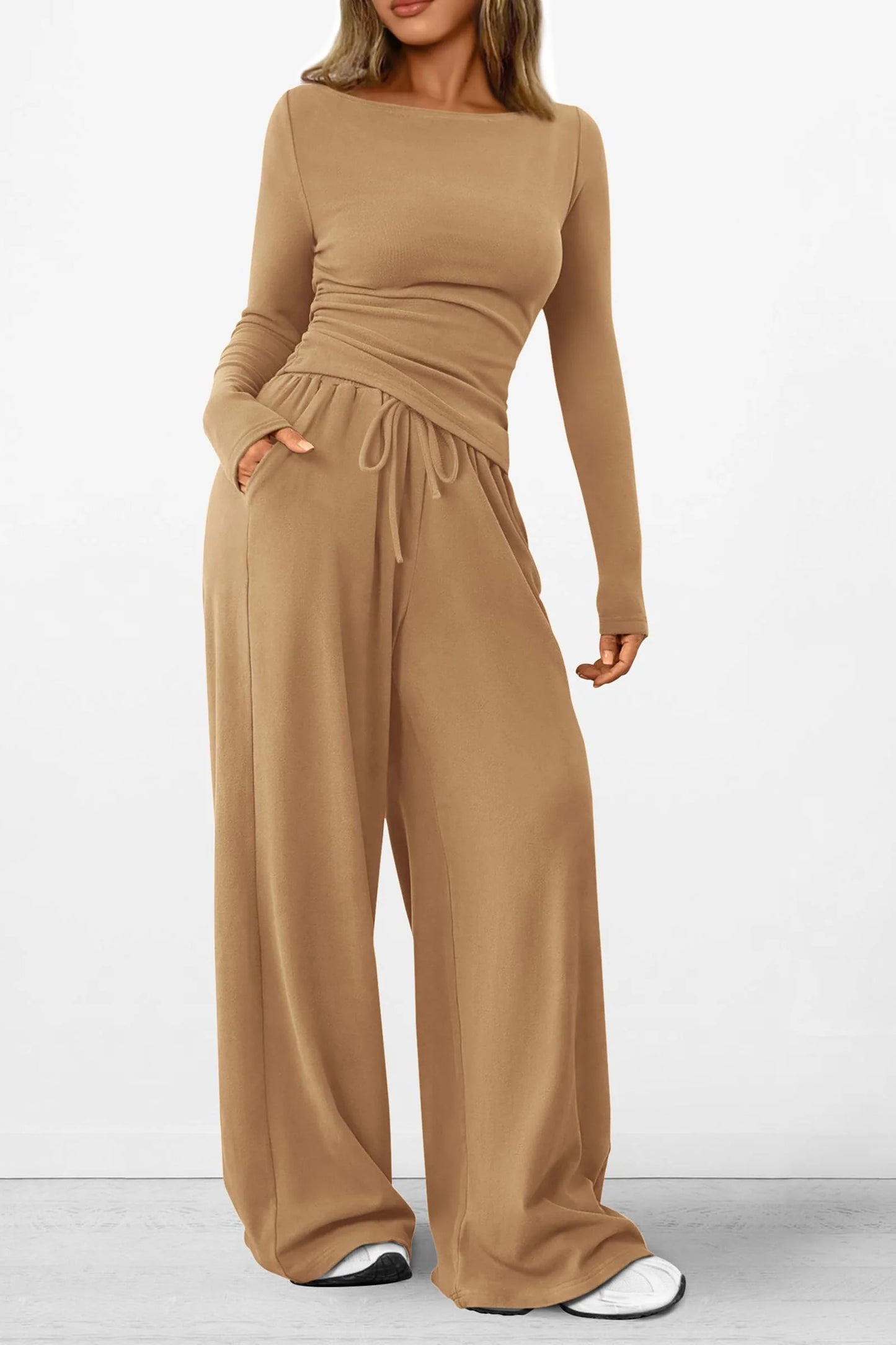 Women's 2 Piece Lounge Sets Asymmetrical Long Sleeve T Shirt Wide Leg Pants Casual Outfits Tracksuit