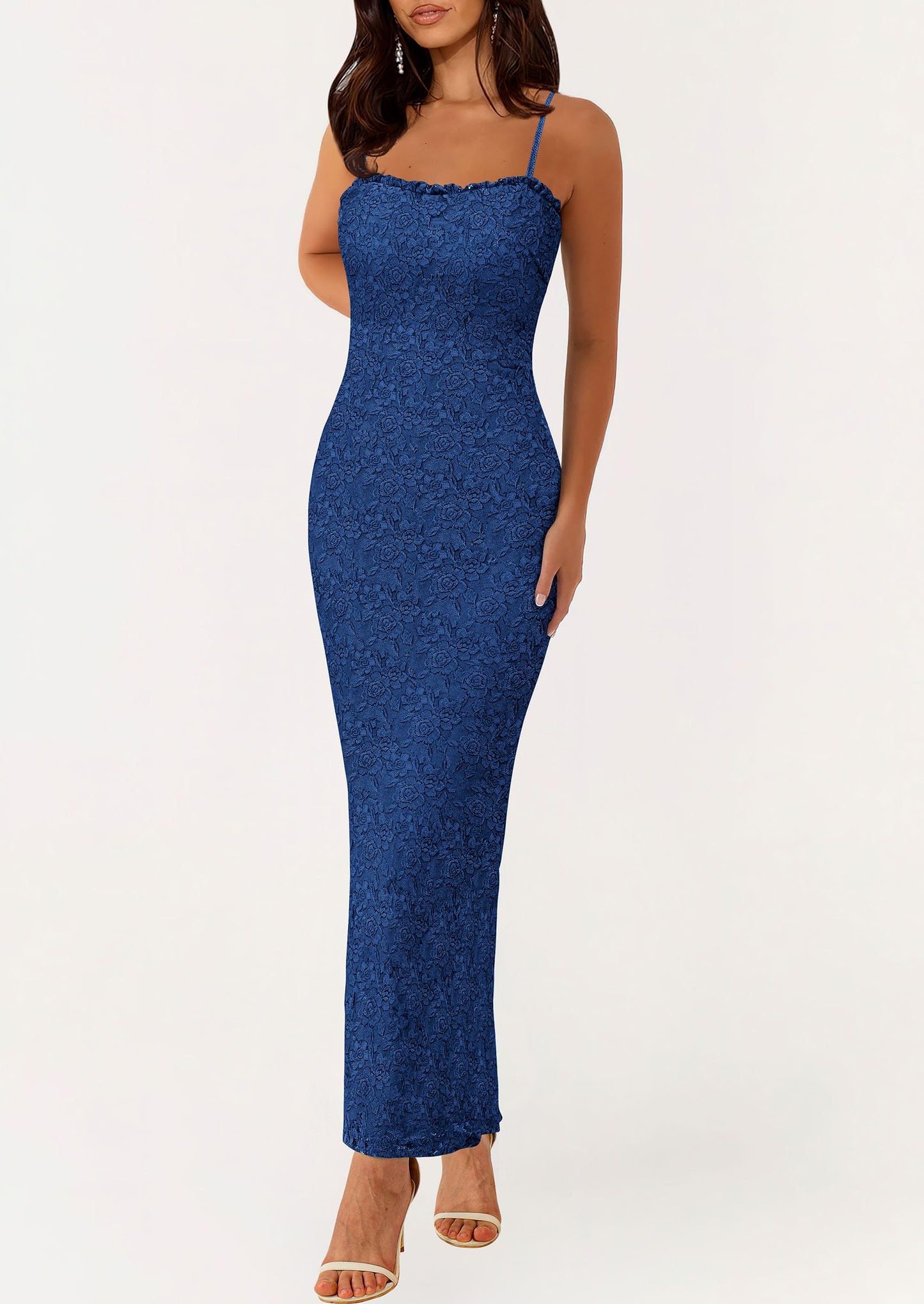Women's Formal Prom Dress Spaghetti Strap Lace Floral Wedding Guest Evening Bodycon Dresses