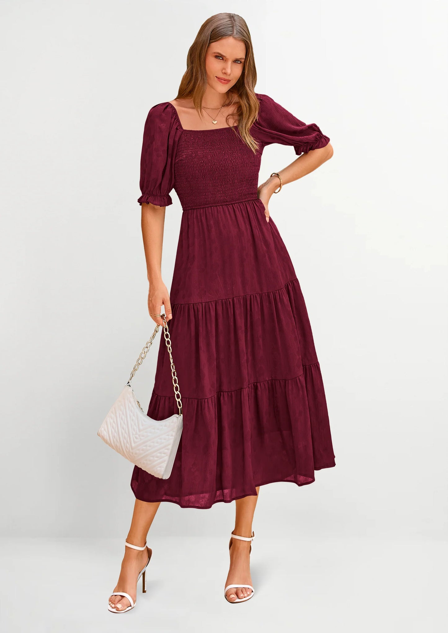 Women's Casual Midi Dresses Square Neck Short Sleeve Smocked A Line Floral Flowy Elegant Boho Dress