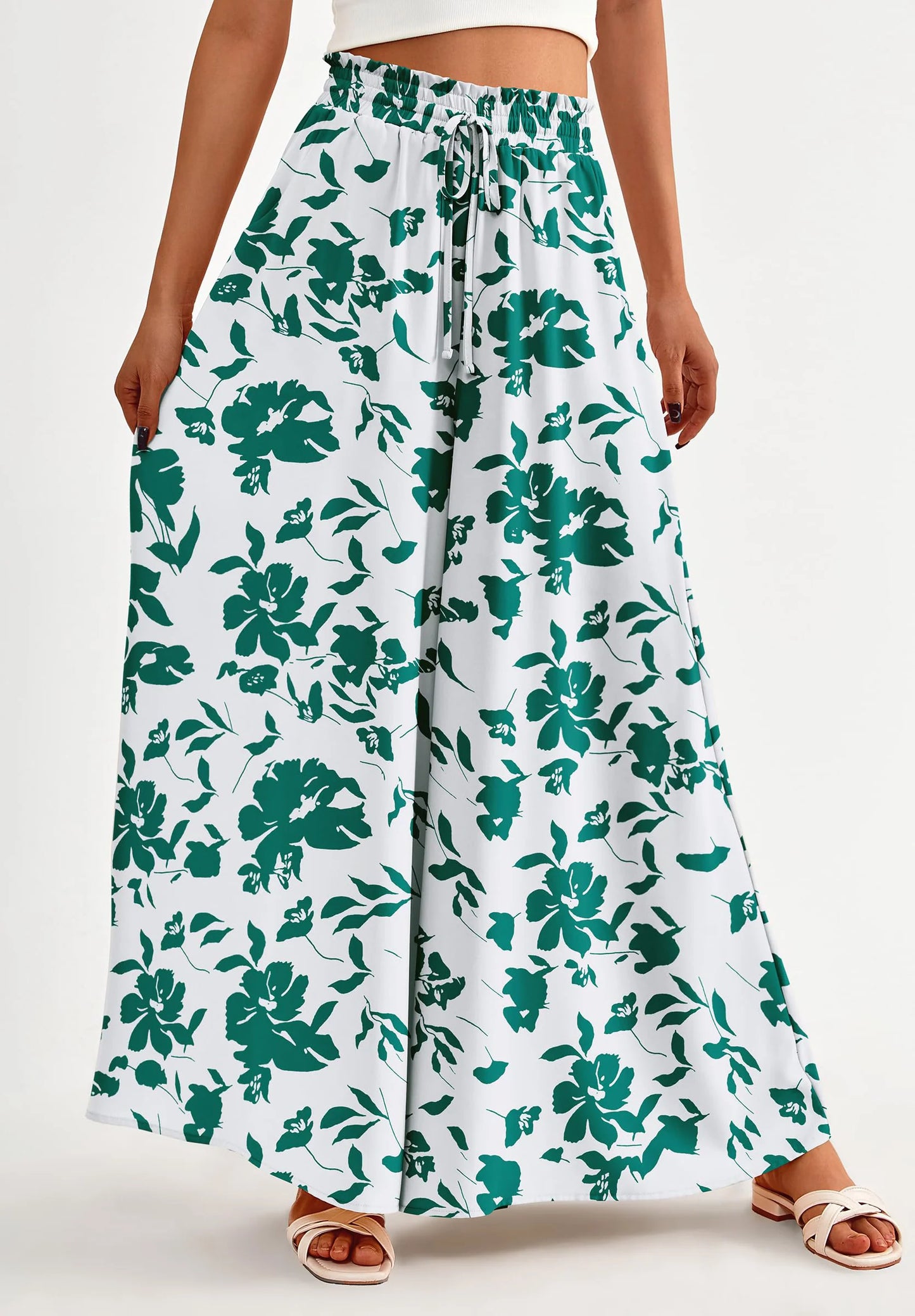 Women's Summer Wide Leg Palazzo Pants High Waisted Flowy Pockets Trendy Casual Lounge Boho Beach Trousers