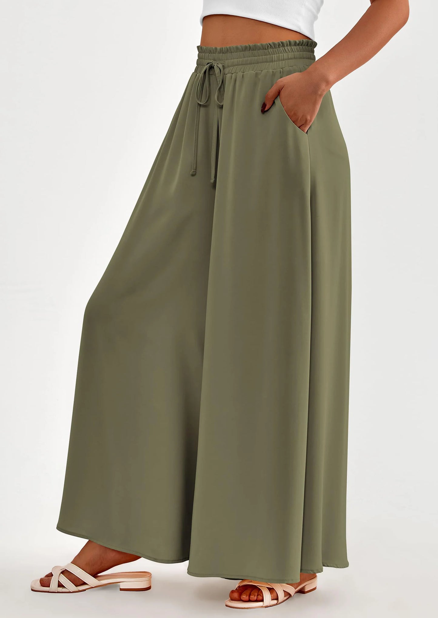 Women's Summer Wide Leg Palazzo Pants High Waisted Flowy Pockets Trendy Casual Lounge Boho Beach Trousers
