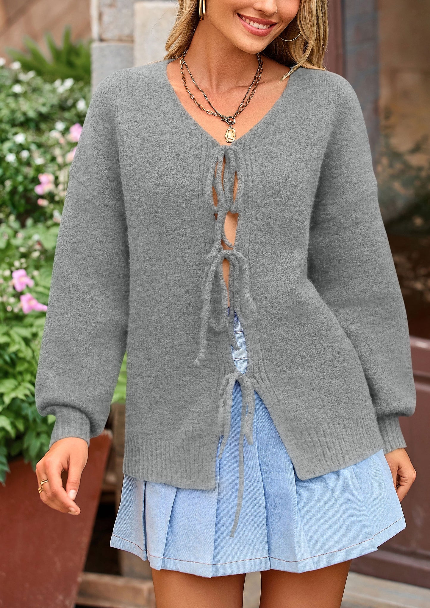 Women's Tie Front Bow Cardigan Sweaters Chunky Knit Long Puff Sleeve Trendy Fall Winter Jacket Coats