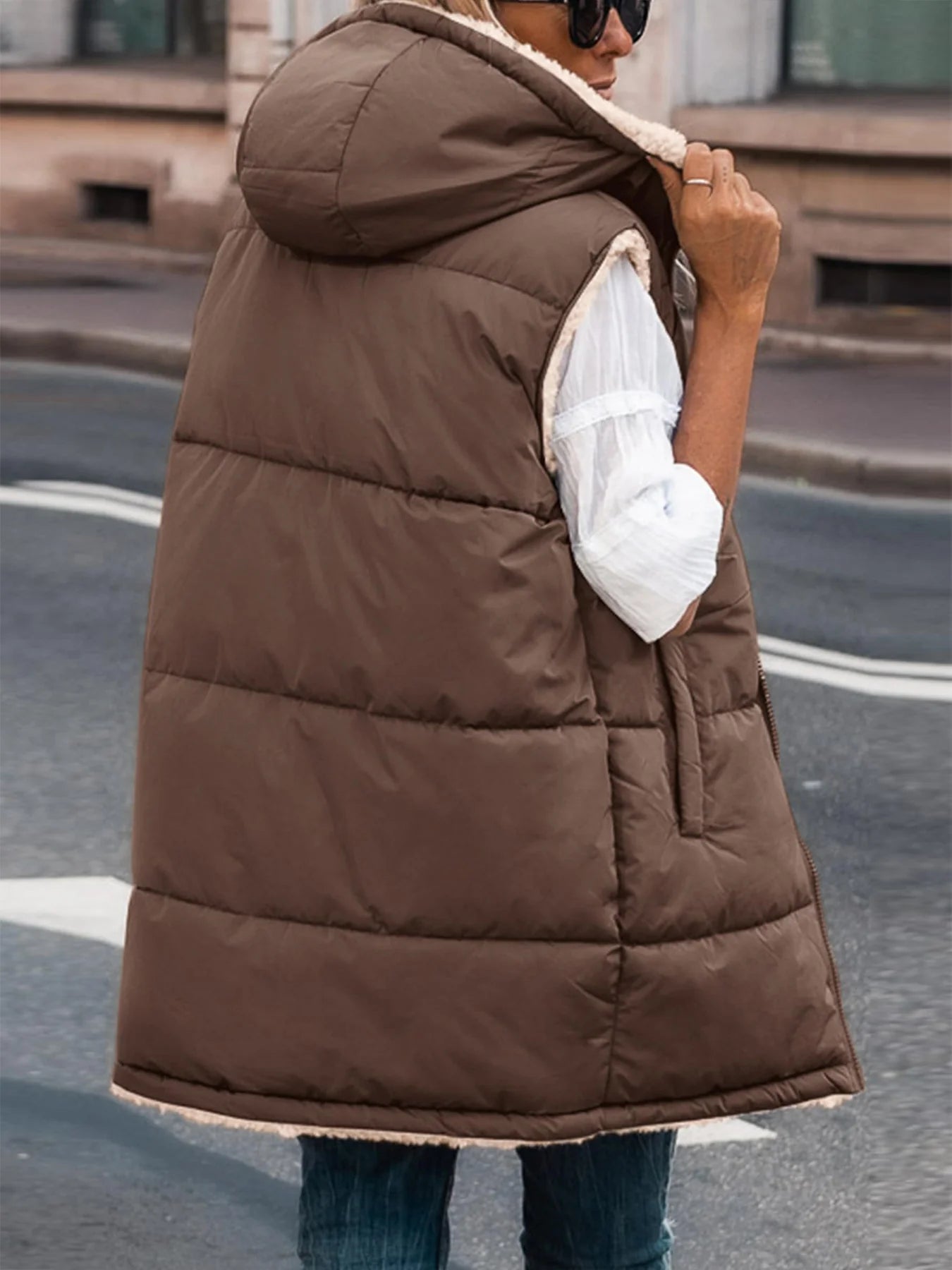 Womens Fall Reversible Vests Sleeveless Fleece Jacket Zip Up Hoodie Pockets Long Warm Winter Coat Outerwear